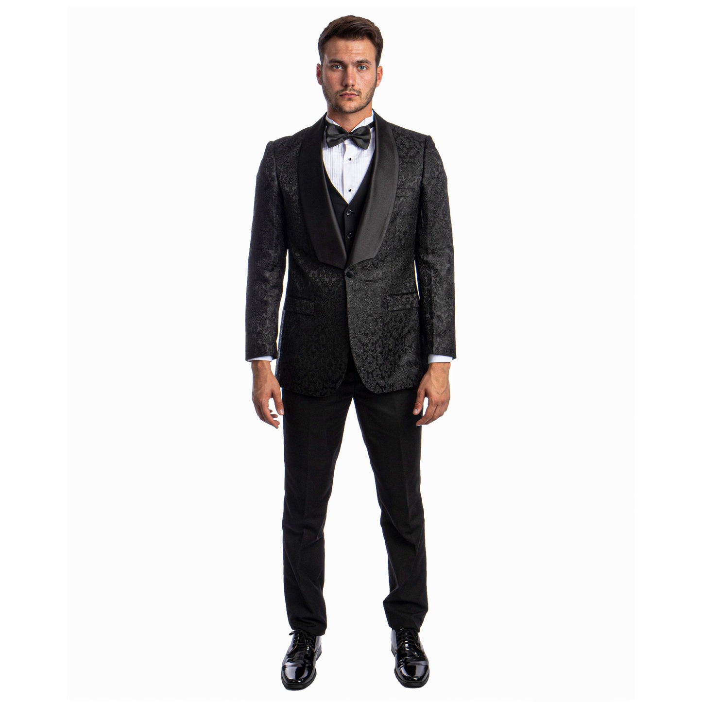 Tazzio Men's Hybrid-Fit 3pc Paisley Suit w/ Wide Black Shawl Collar, Black