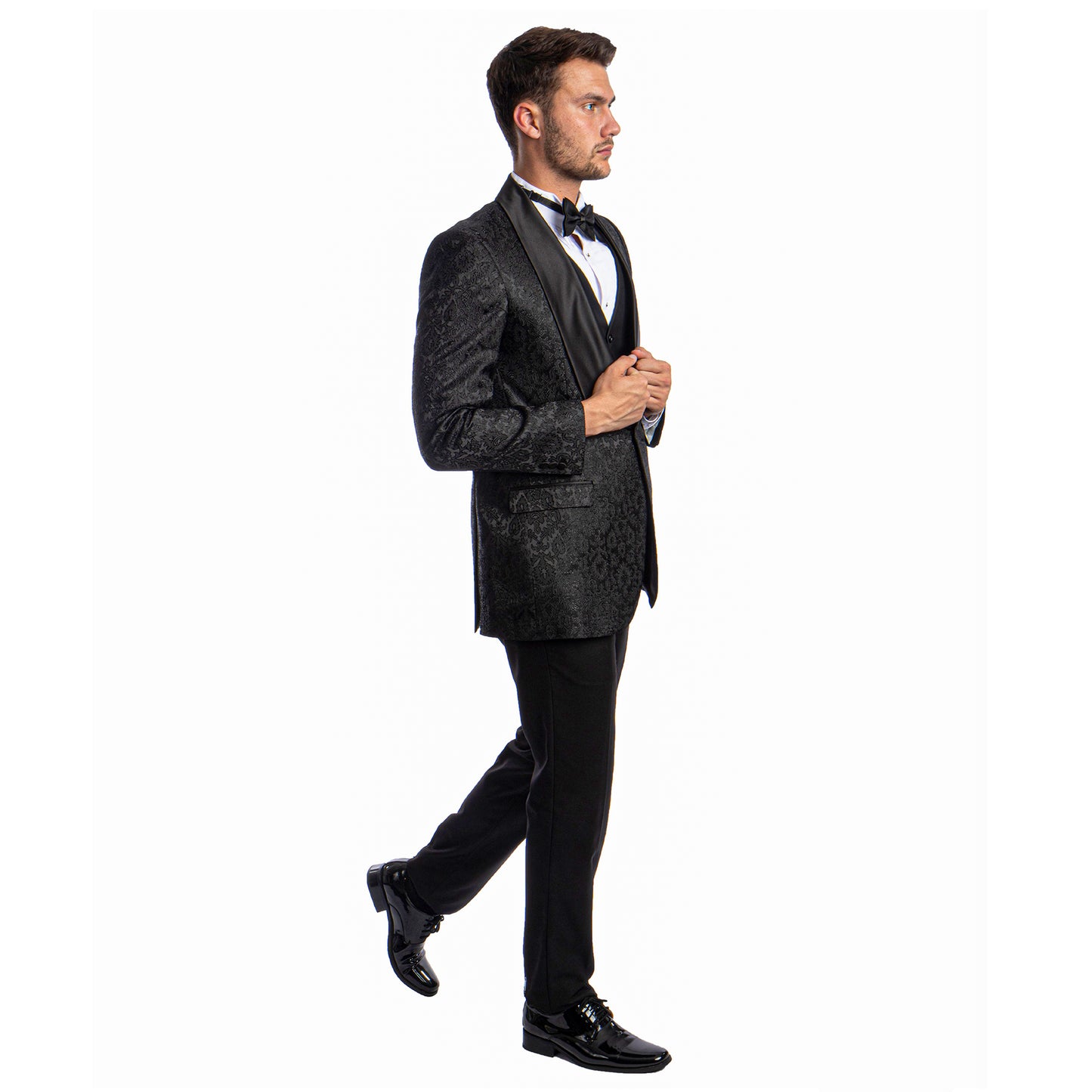Tazzio Men's Hybrid-Fit 3pc Paisley Suit w/ Wide Black Shawl Collar, Black