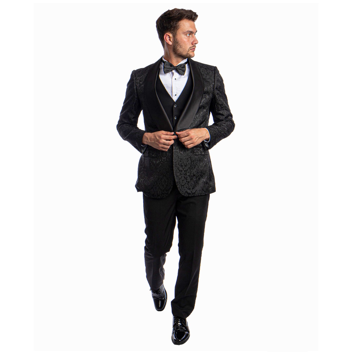 Tazzio Men's Hybrid-Fit 3pc Paisley Suit w/ Wide Black Shawl Collar, Black