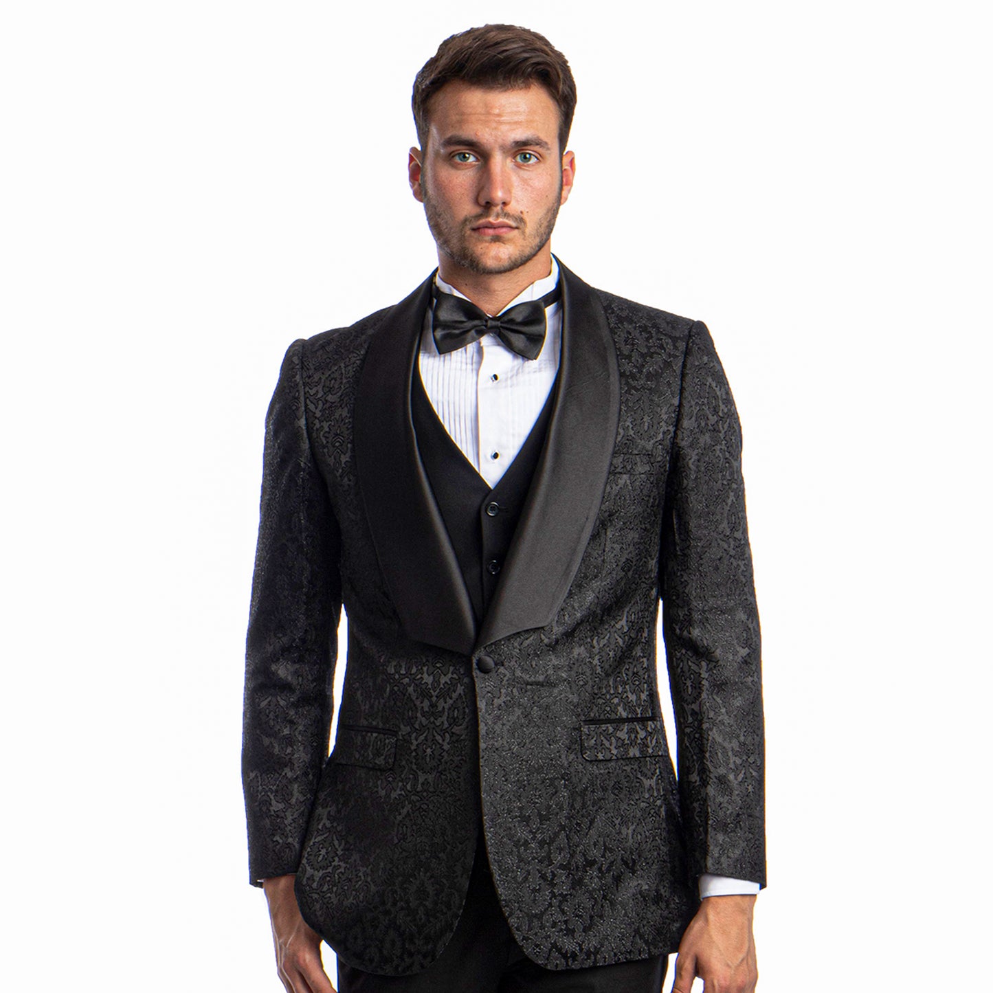 Tazzio Men's Hybrid-Fit 3pc Paisley Suit w/ Wide Black Shawl Collar, Black