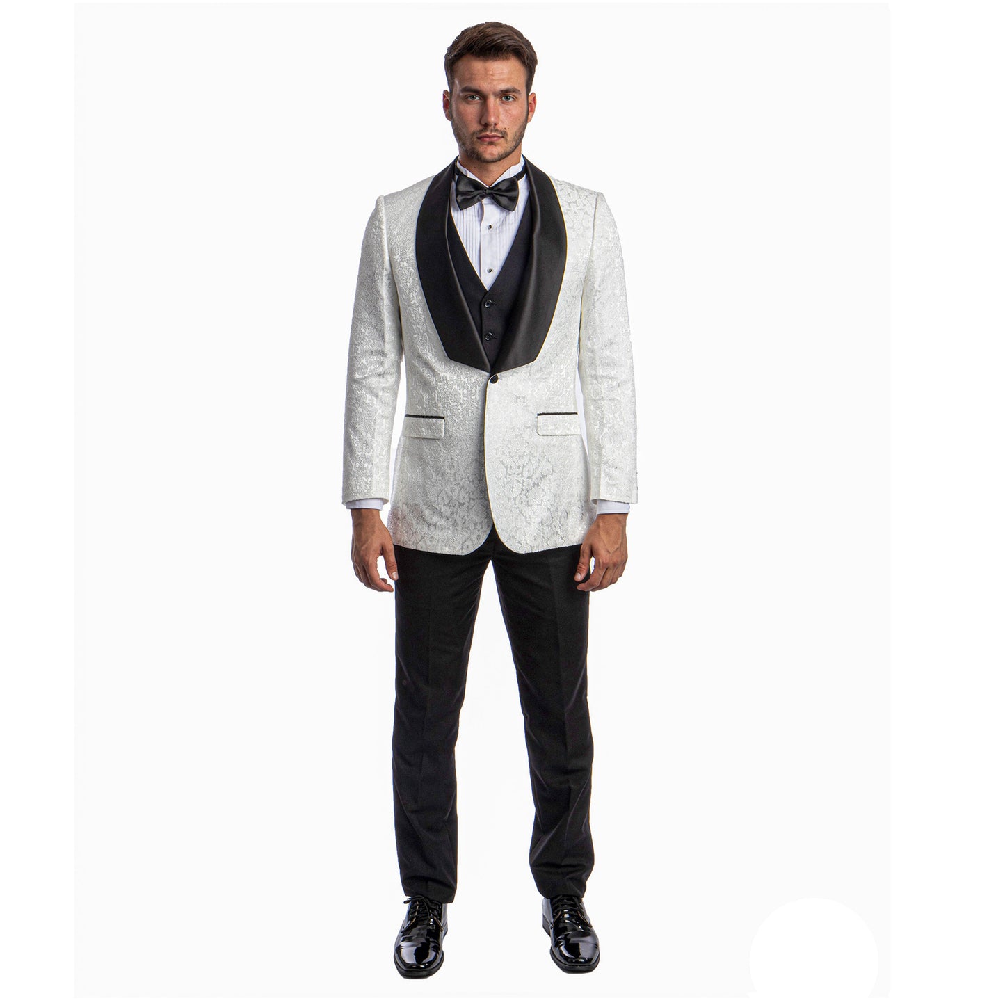 Tazzio Men's Hybrid-Fit 3pc Paisley Suit w/ Wide Black Shawl Collar, White