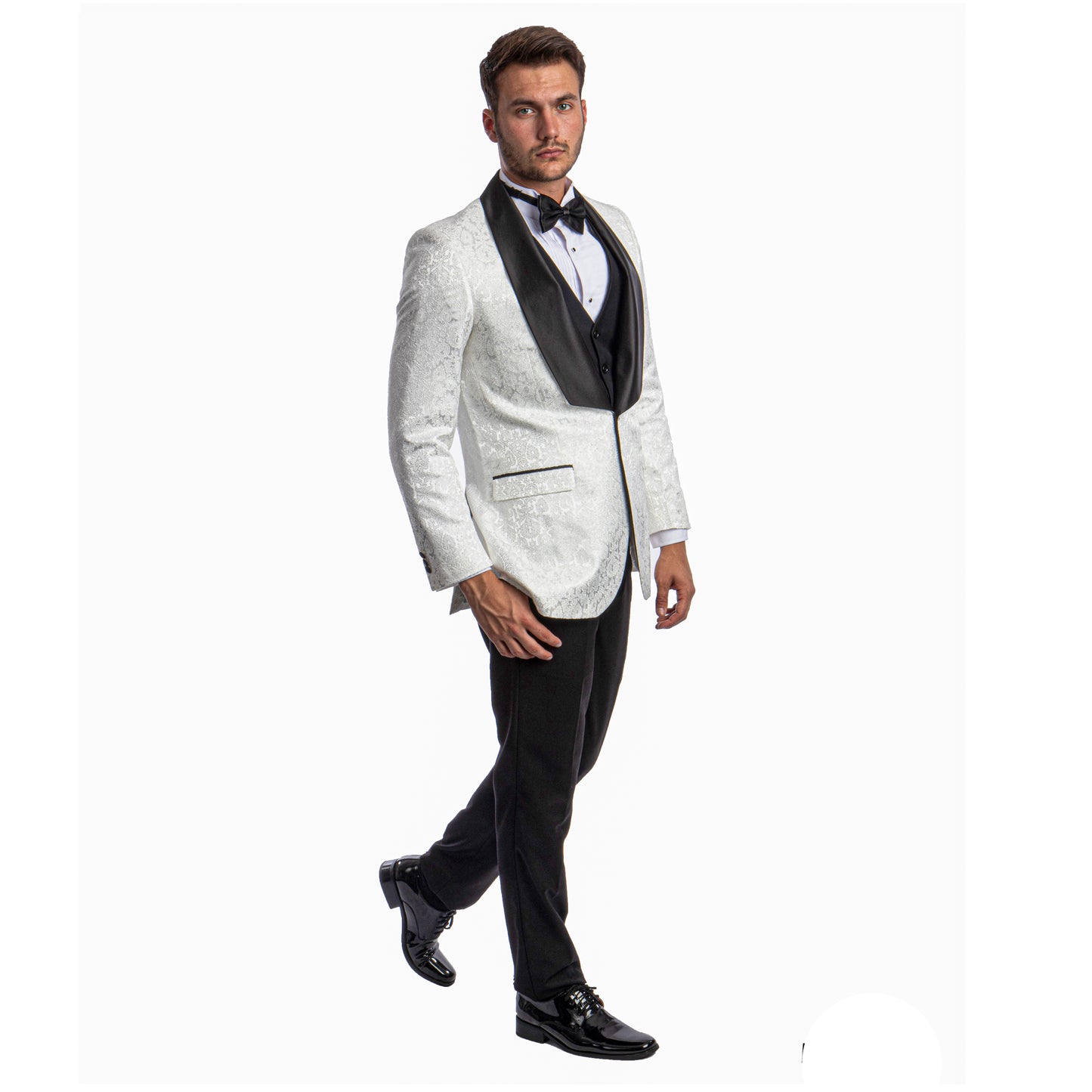 Tazzio Men's Hybrid-Fit 3pc Paisley Suit w/ Wide Black Shawl Collar, White