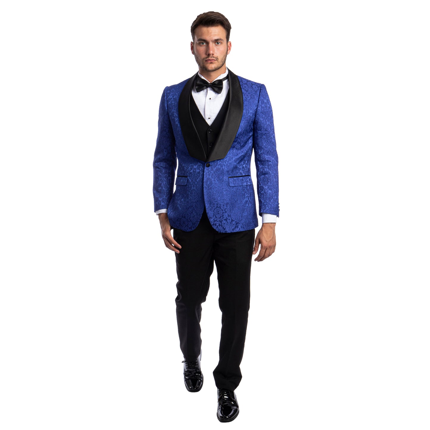 Tazzio Men's Hybrid-Fit 3pc Paisley Suit w/ Wide Black Shawl Collar, Royal Blue