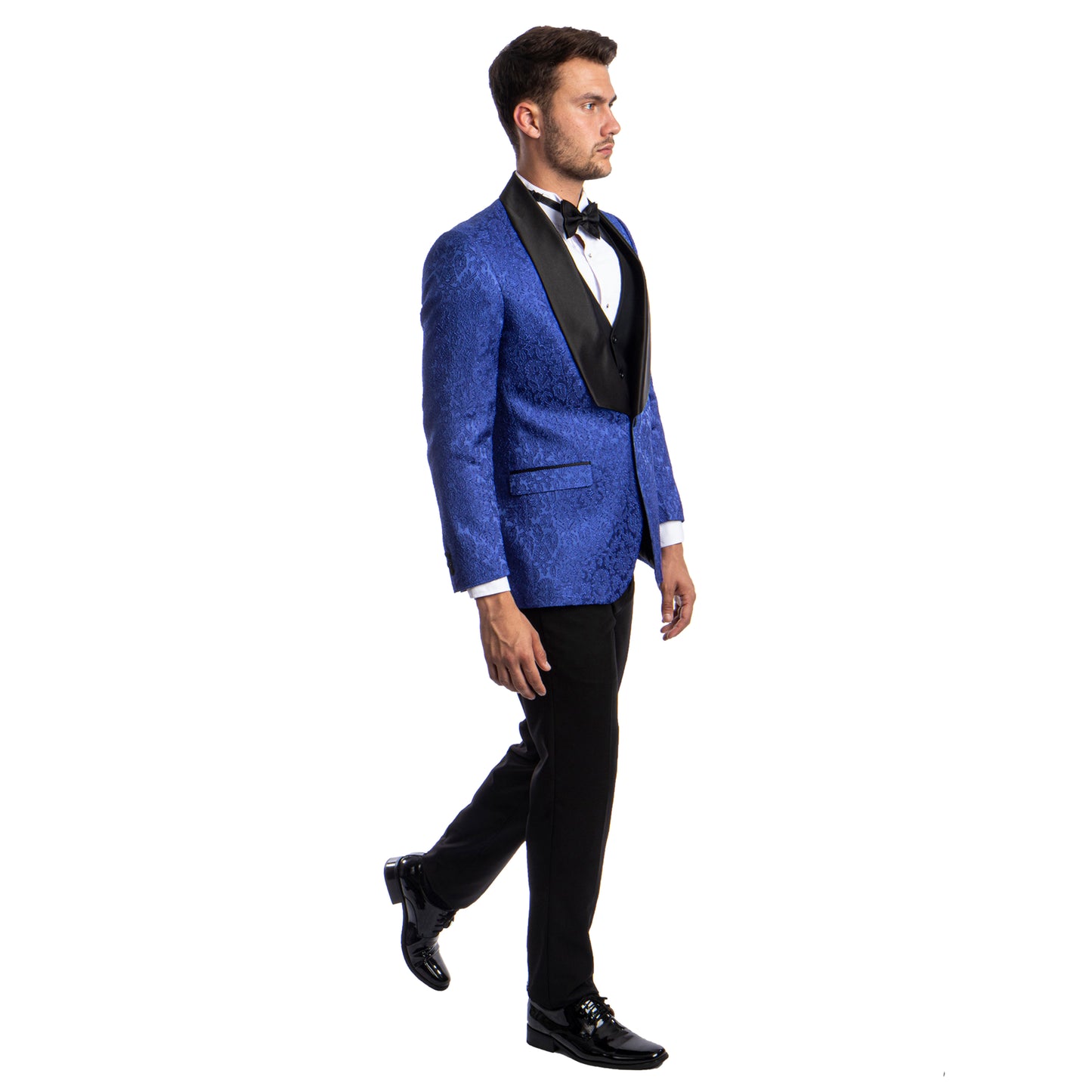 Tazzio Men's Hybrid-Fit 3pc Paisley Suit w/ Wide Black Shawl Collar, Royal Blue