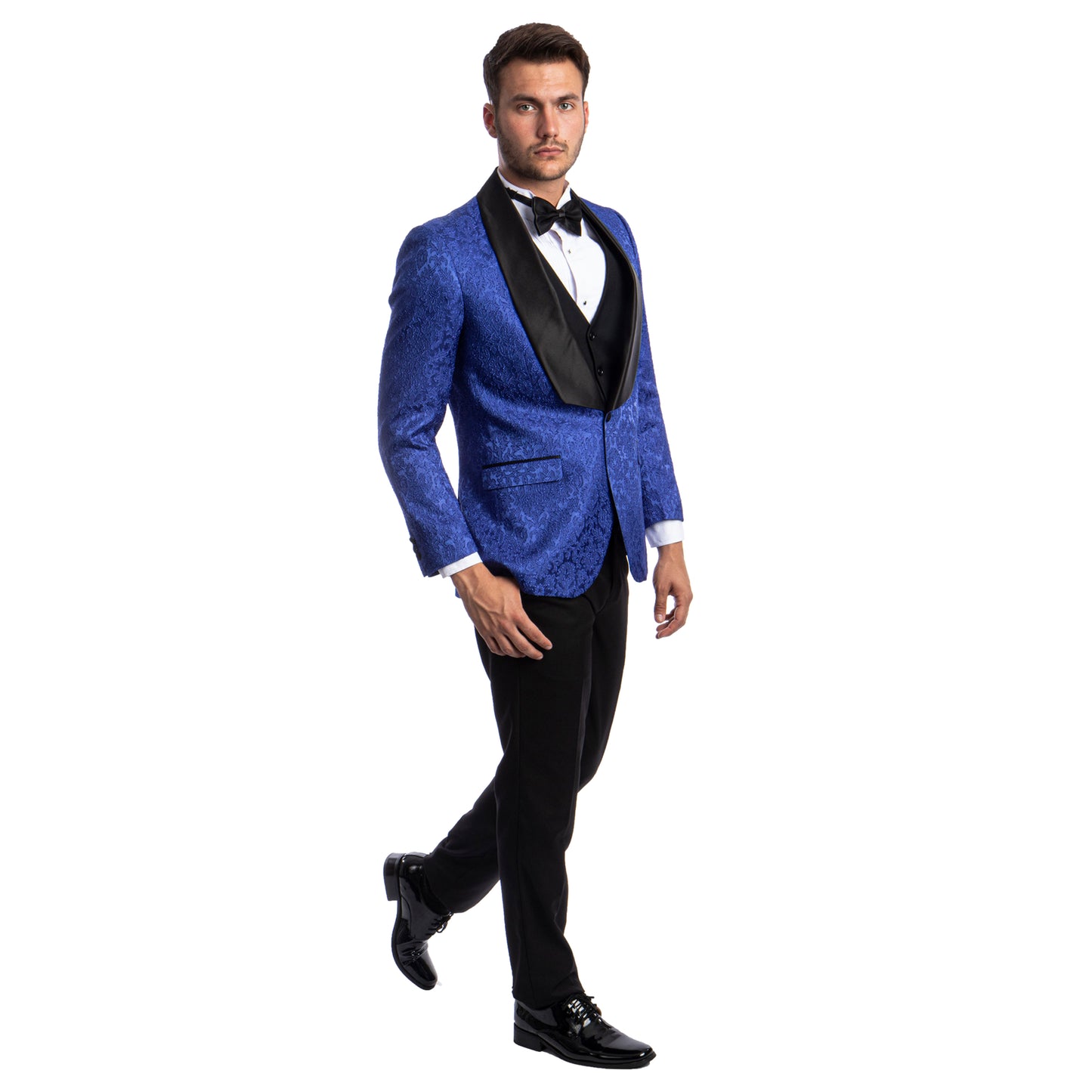 Tazzio Men's Hybrid-Fit 3pc Paisley Suit w/ Wide Black Shawl Collar, Royal Blue