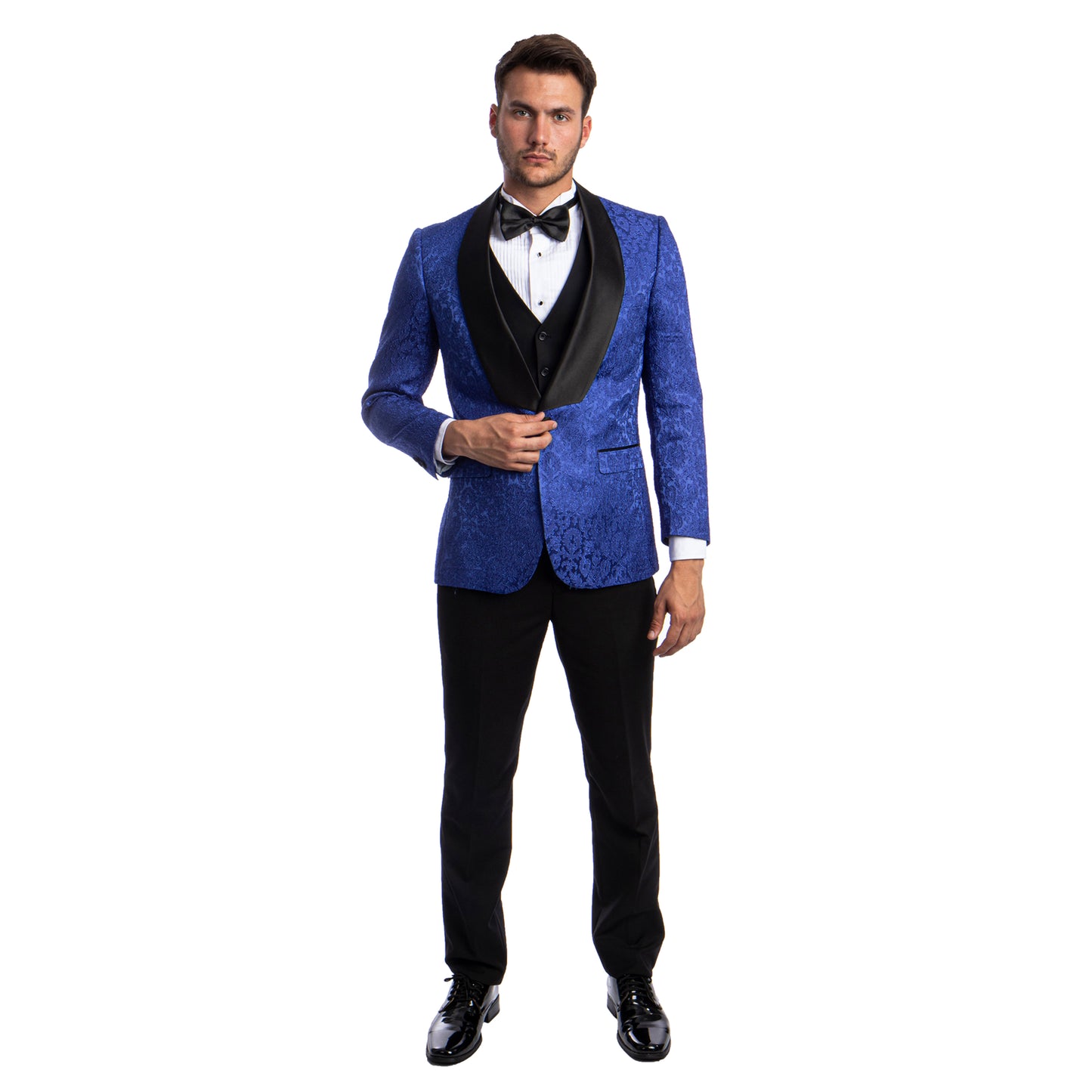 Tazzio Men's Hybrid-Fit 3pc Paisley Suit w/ Wide Black Shawl Collar, Royal Blue