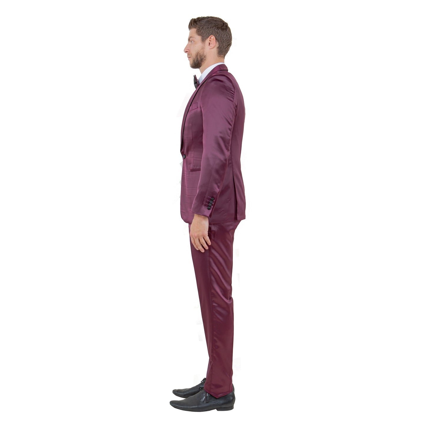 Mens 3pc Solid Satin Suit Set w/ Free Bowtie, Burgundy