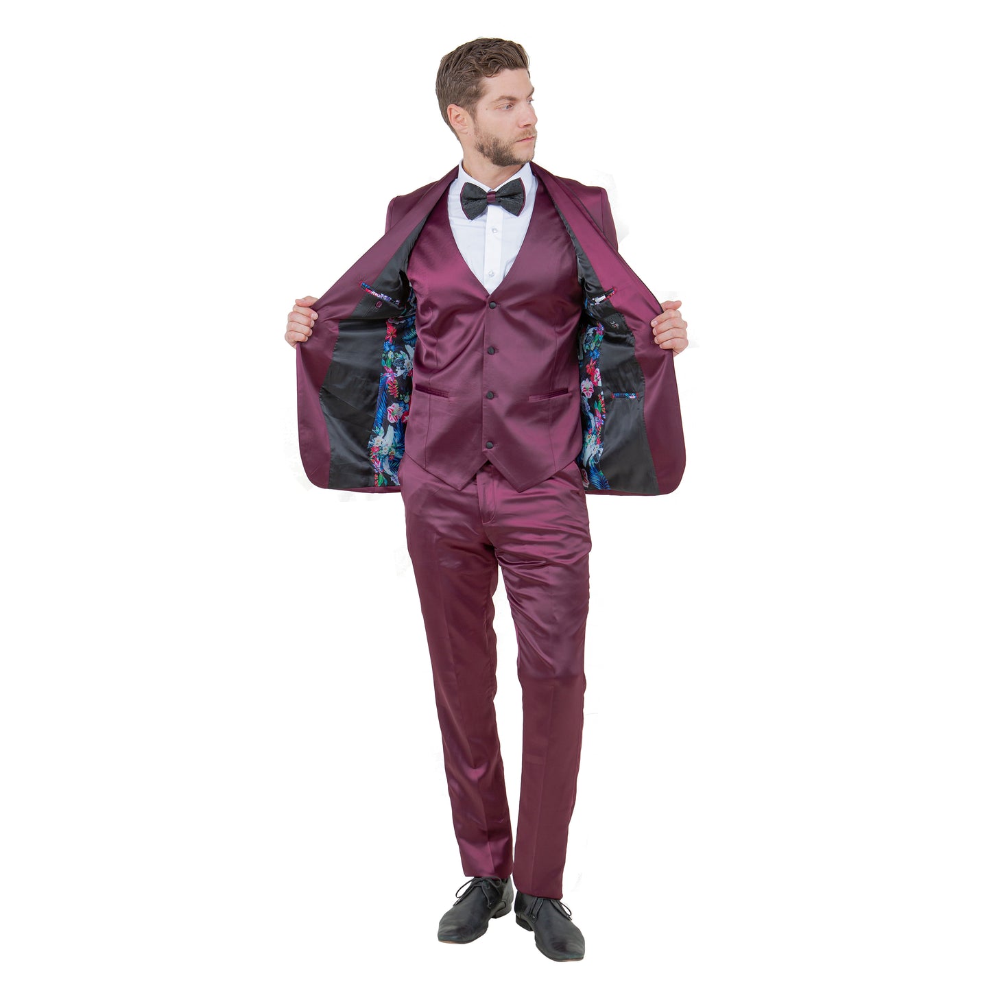 Mens 3pc Solid Satin Suit Set w/ Free Bowtie, Burgundy