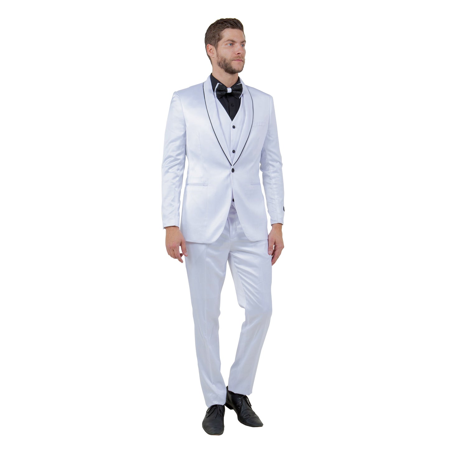 Mens 3pc Solid Satin Suit Set w/ Free Bowtie, White