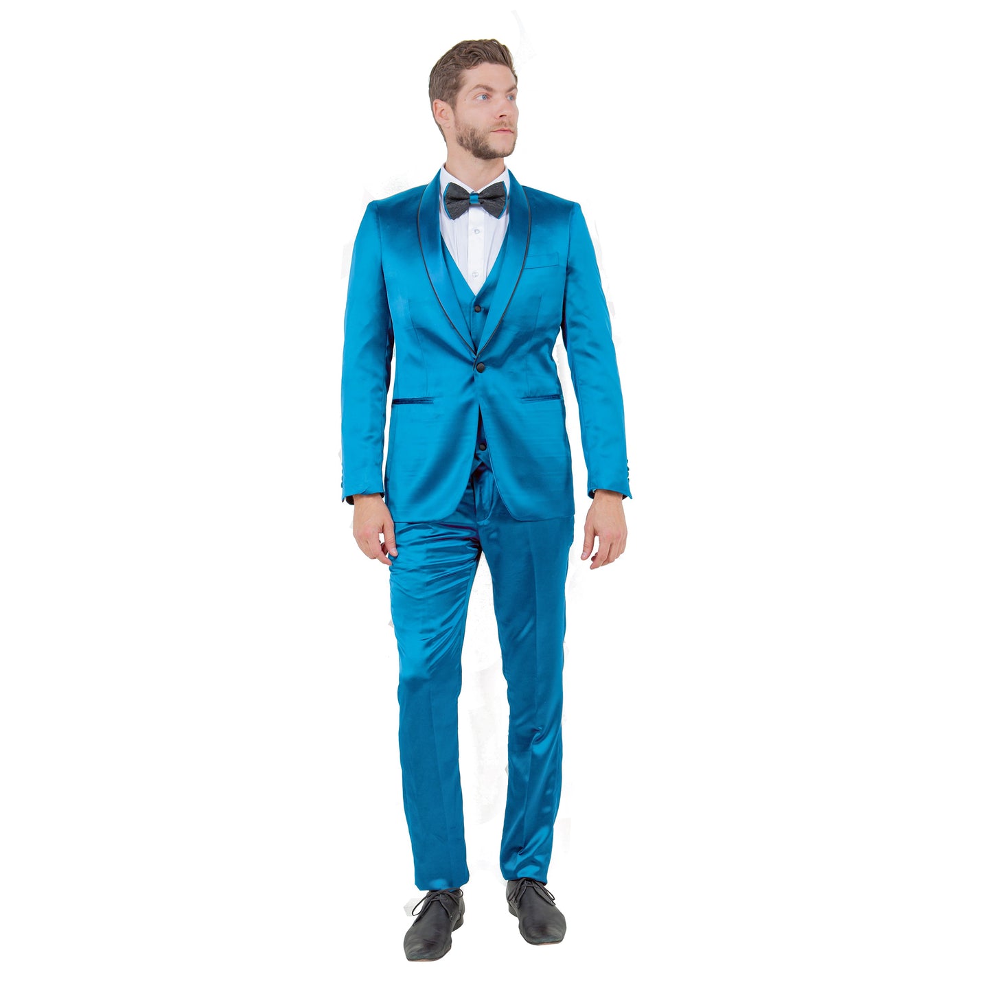 Mens 3pc Solid Satin Suit Set w/ Free Bowtie, Turquoise