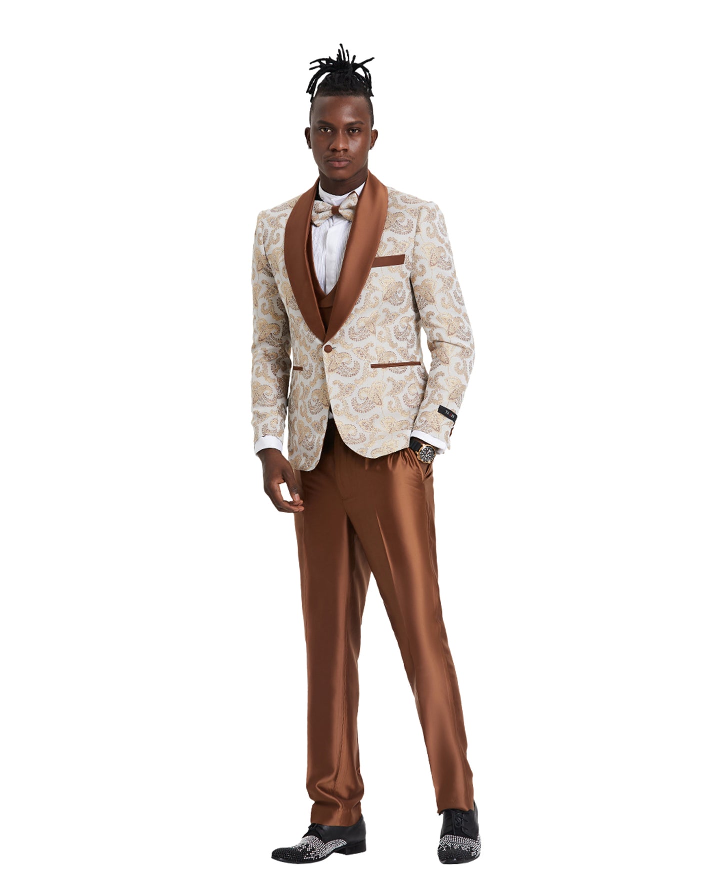 Tazzio Skinny Fit Suit Paisley, Shawl Collar Bronze