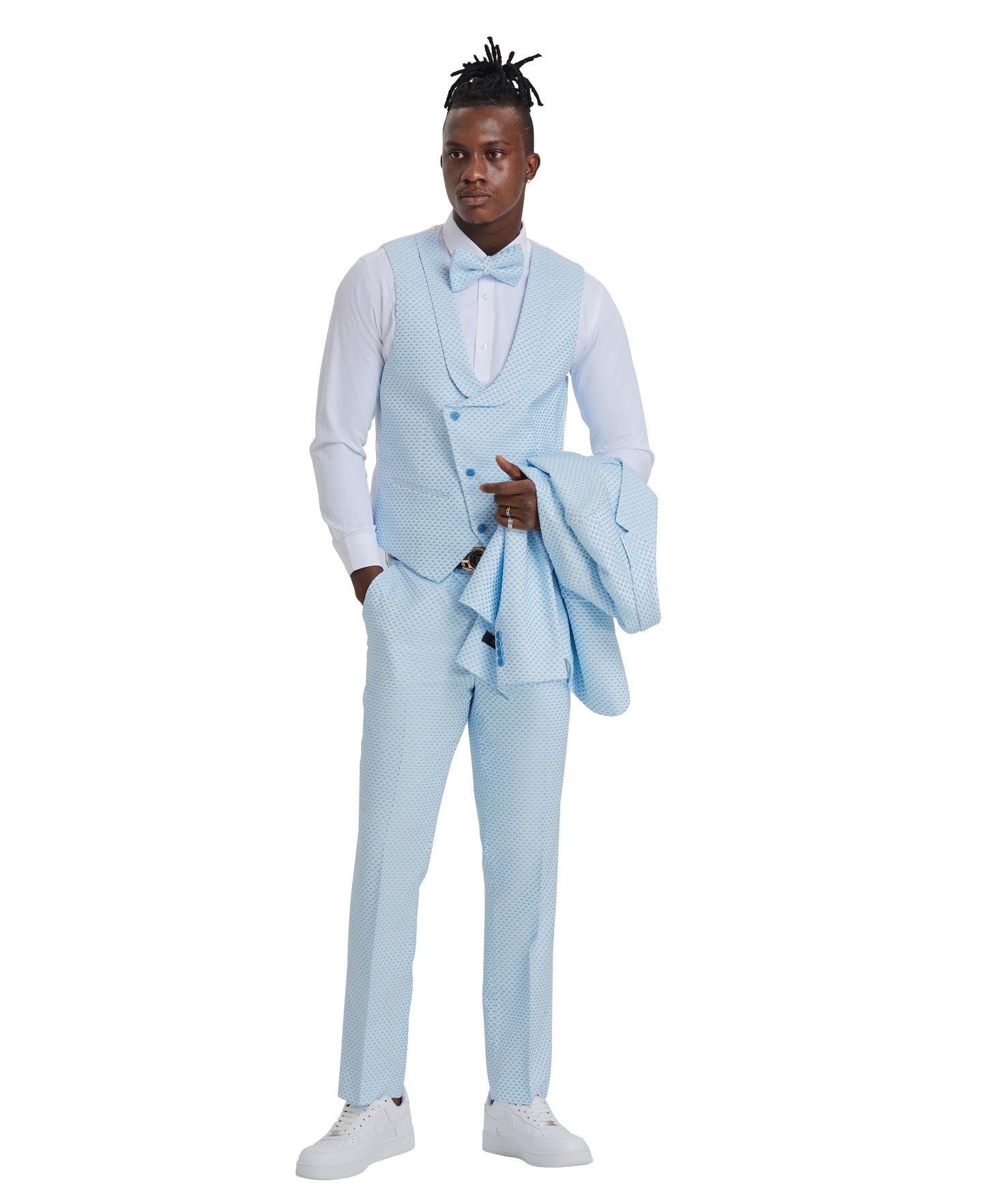 Tazzio Skinny Fit Polka Dot Suit Shawl U-Shaped Vest, Sky Blue