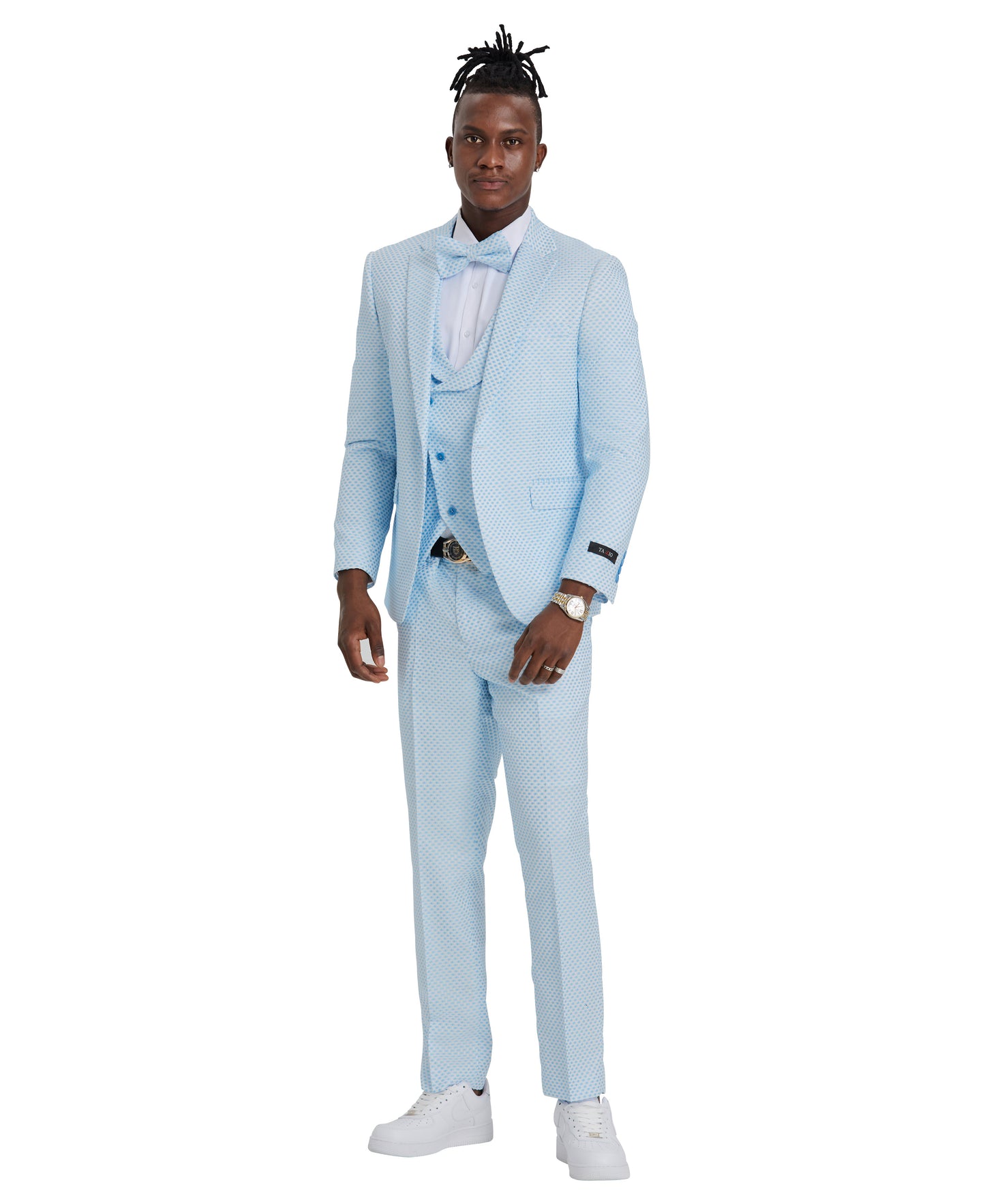Tazzio Skinny Fit Polka Dot Suit Shawl U-Shaped Vest, Sky Blue