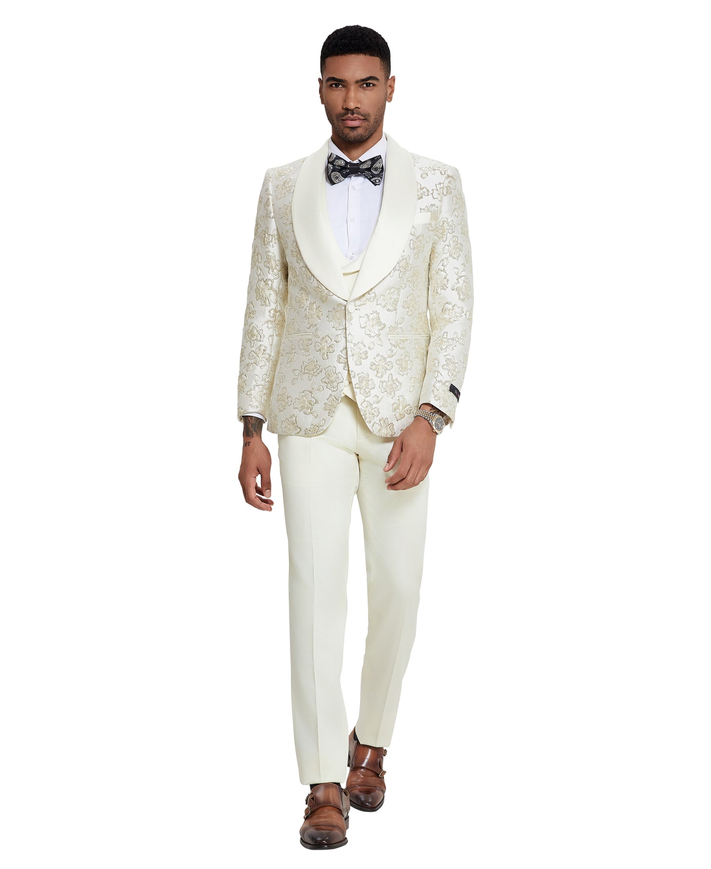Tazzio 2pc Skinny-Fit Fashion Floral Suit Set w/ Wide Satin Shawl Collar, Ivory