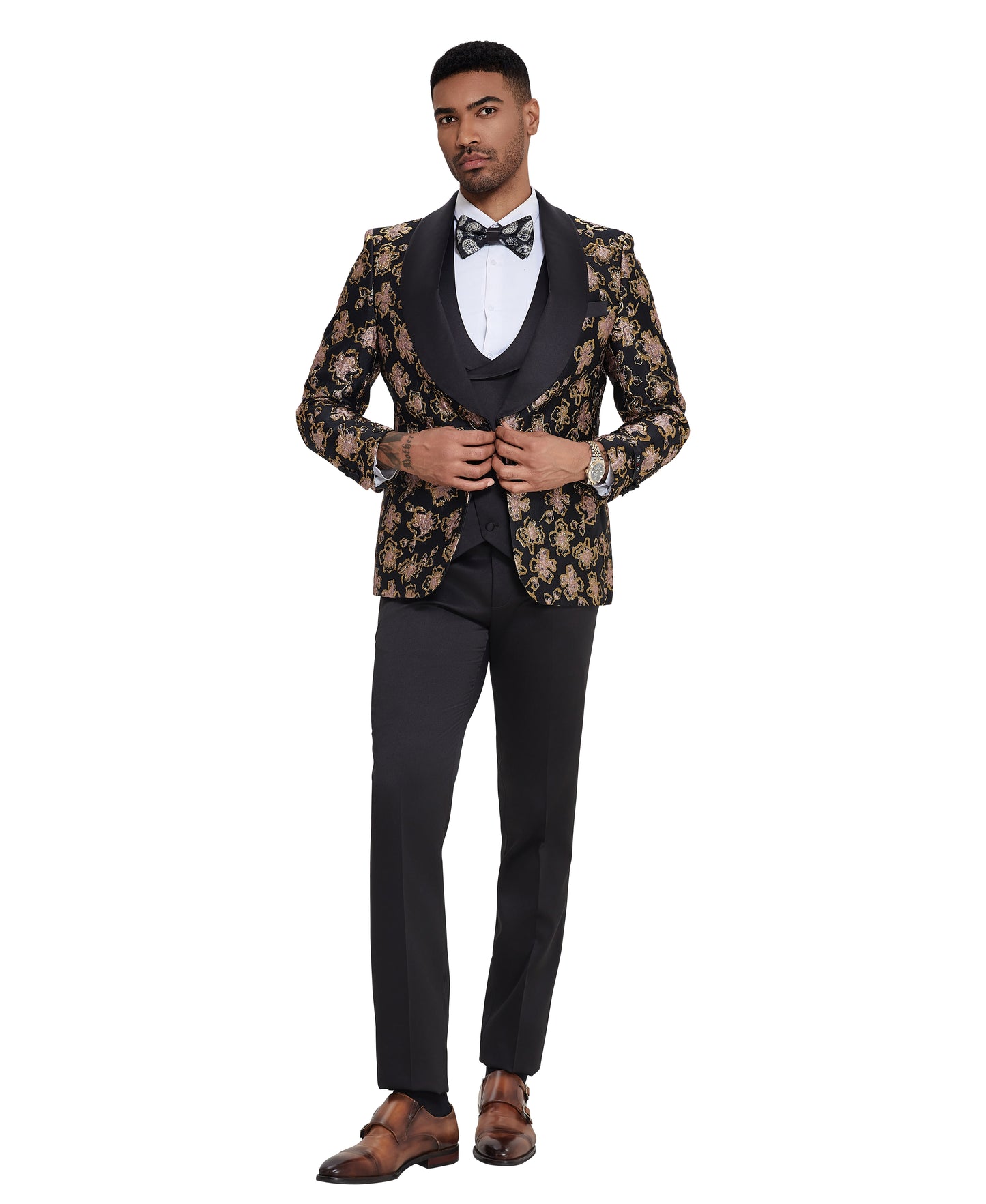 Tazzio 2pc Skinny-Fit Fashion Floral Suit Set w/ Wide Satin Shawl Collar, Black