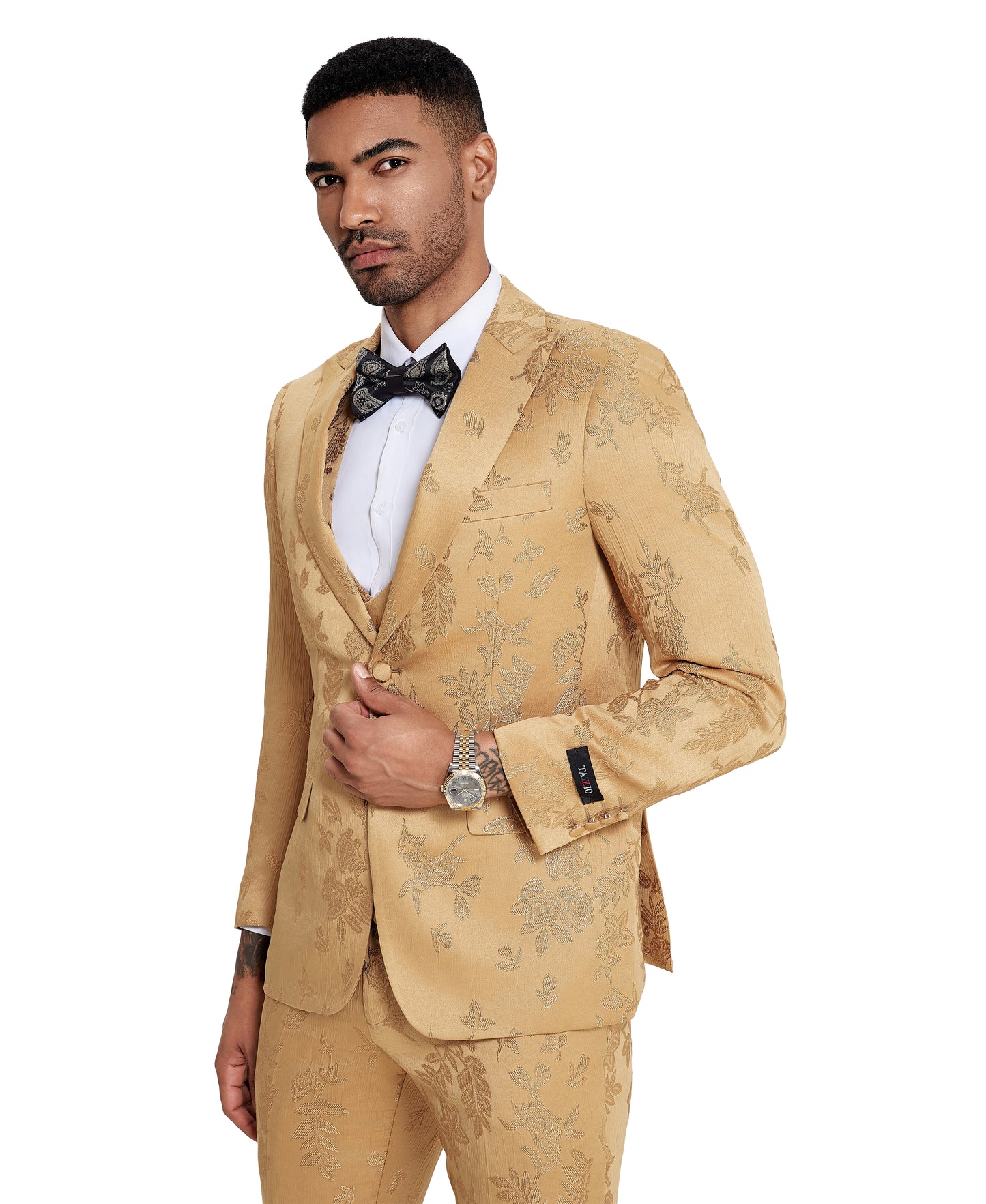 Tazzio 3pc Floral Skinny-Fit Suit Set w/ Double Breasted Vest, Gold