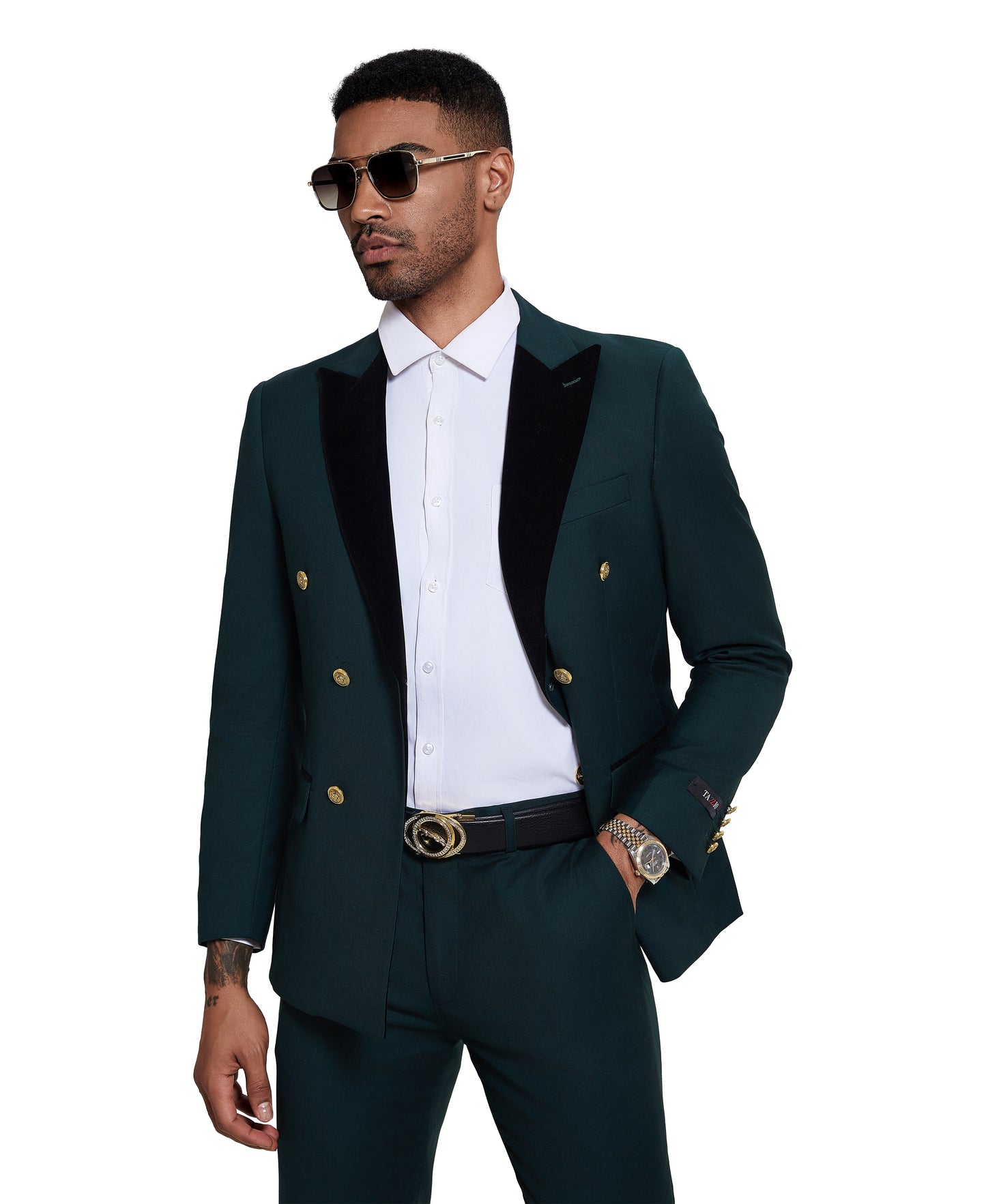 Tazzio Solid Double Breasted 2pc Skinny-Fit Suit Set w/ Velvet Peak Lapel, Green