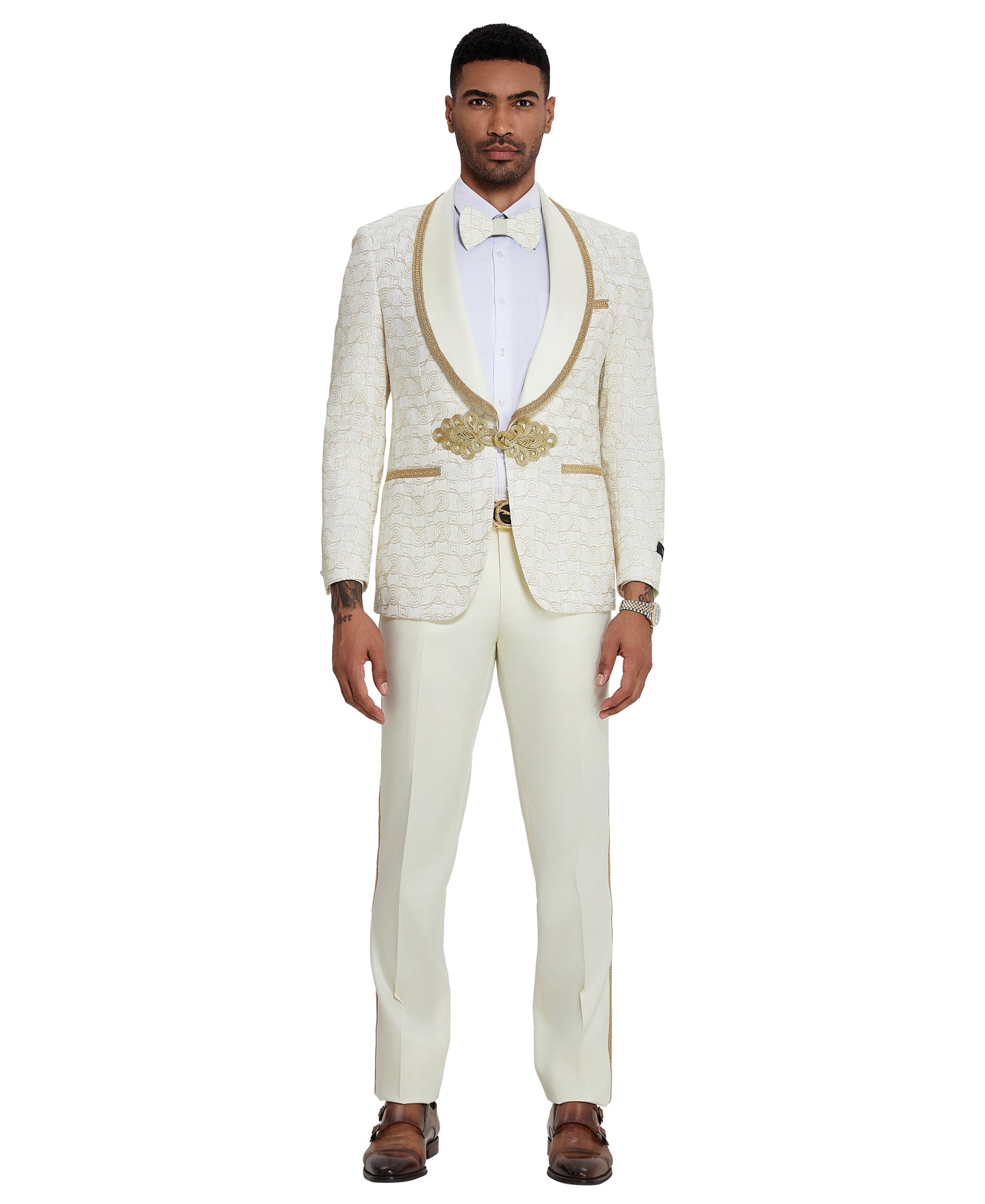 Tazzio 2-Piece Fashion Swirl Suit Set w/ Clasp Closure & Shawl Collar