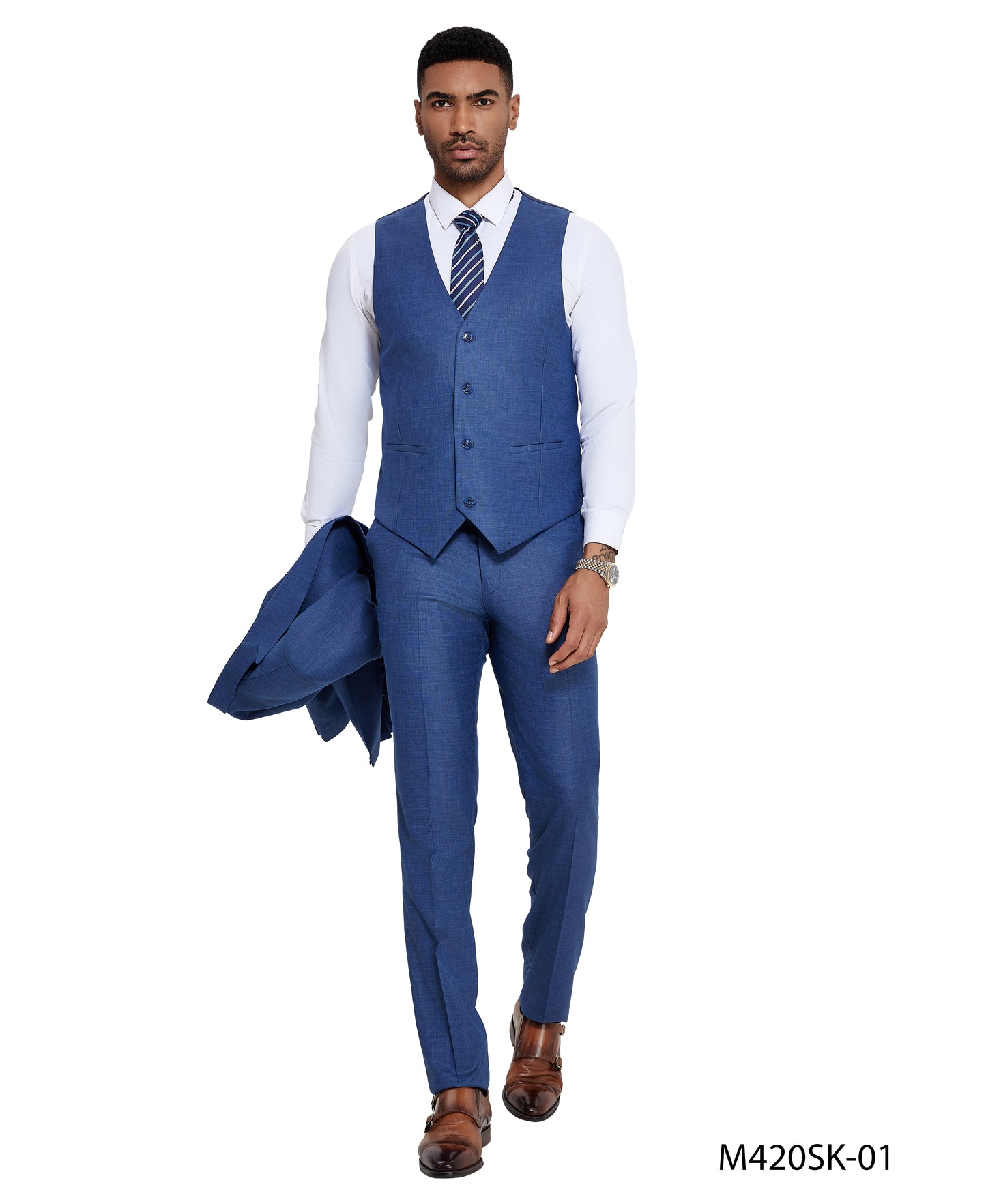Tazzio Peak Lapel 3pc Sharkskin Suit Set, Blue