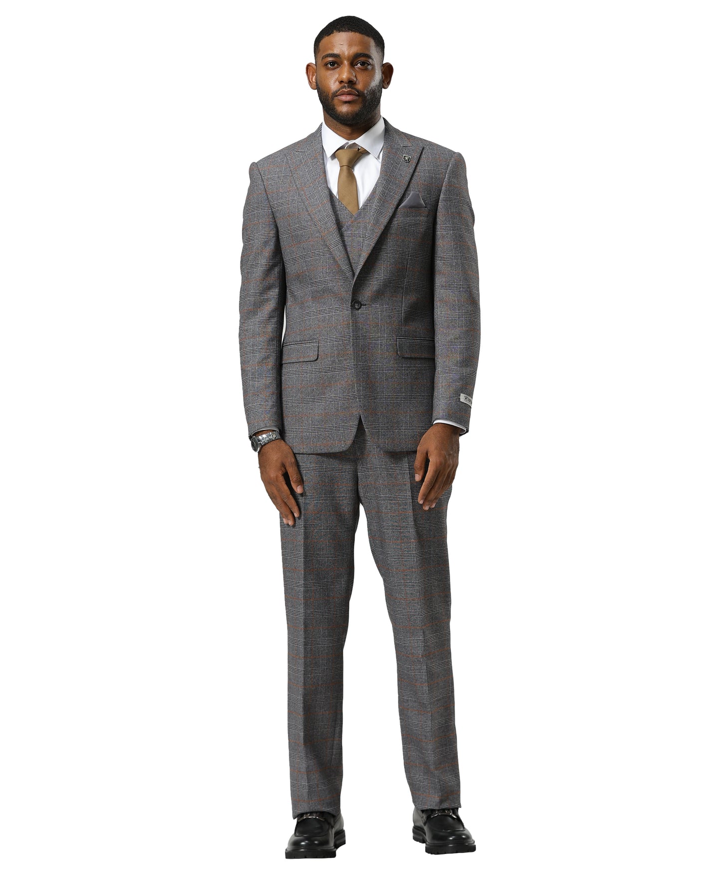 Stacy Adams Windowpane Peak Lapel 3pc Suit Set, Grey