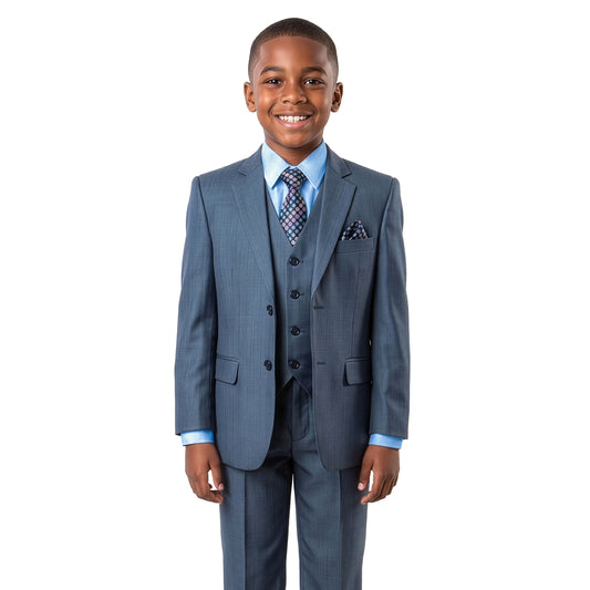 Tazzio Boys Classic Fit 5 Piece Solid Sharkskin Suit Set, Notch Lapel
