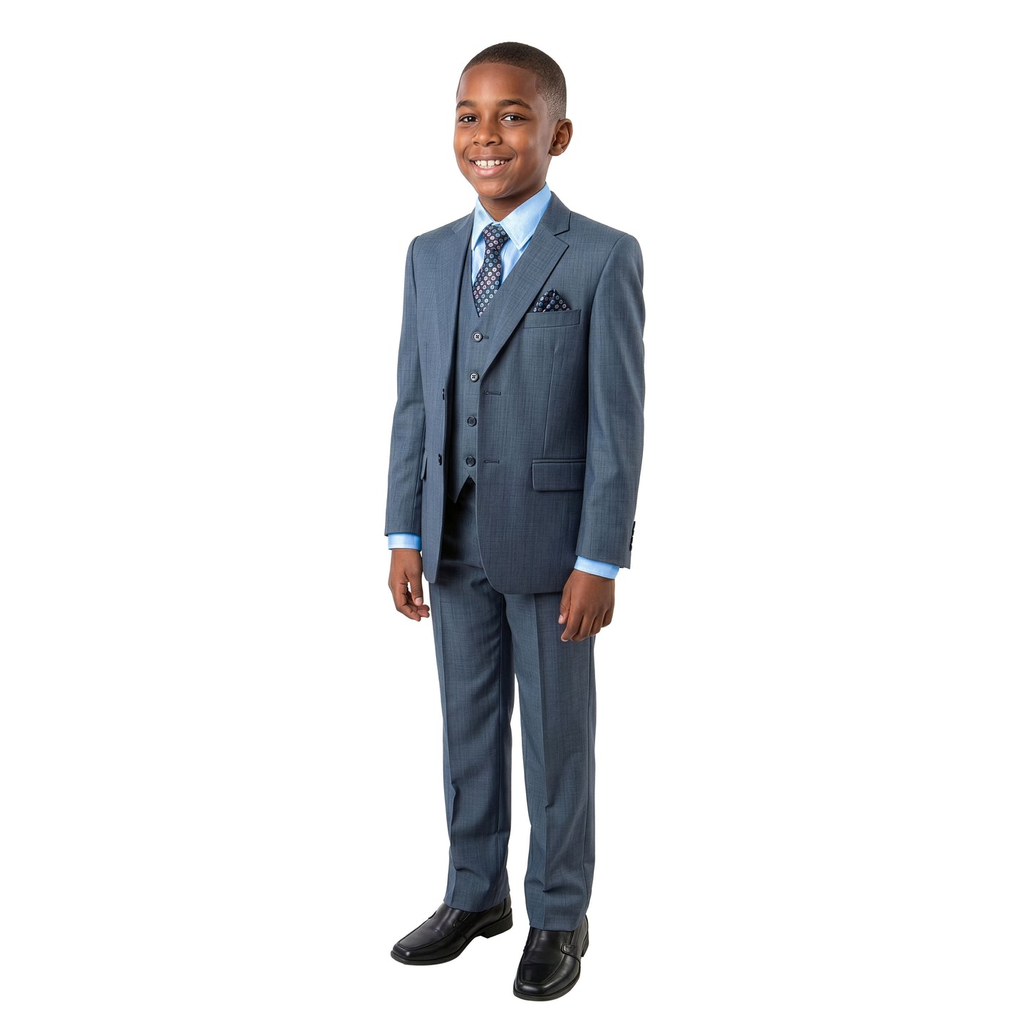 Tazzio Boys Classic Fit 5 Piece Solid Sharkskin Suit Set, Notch Lapel