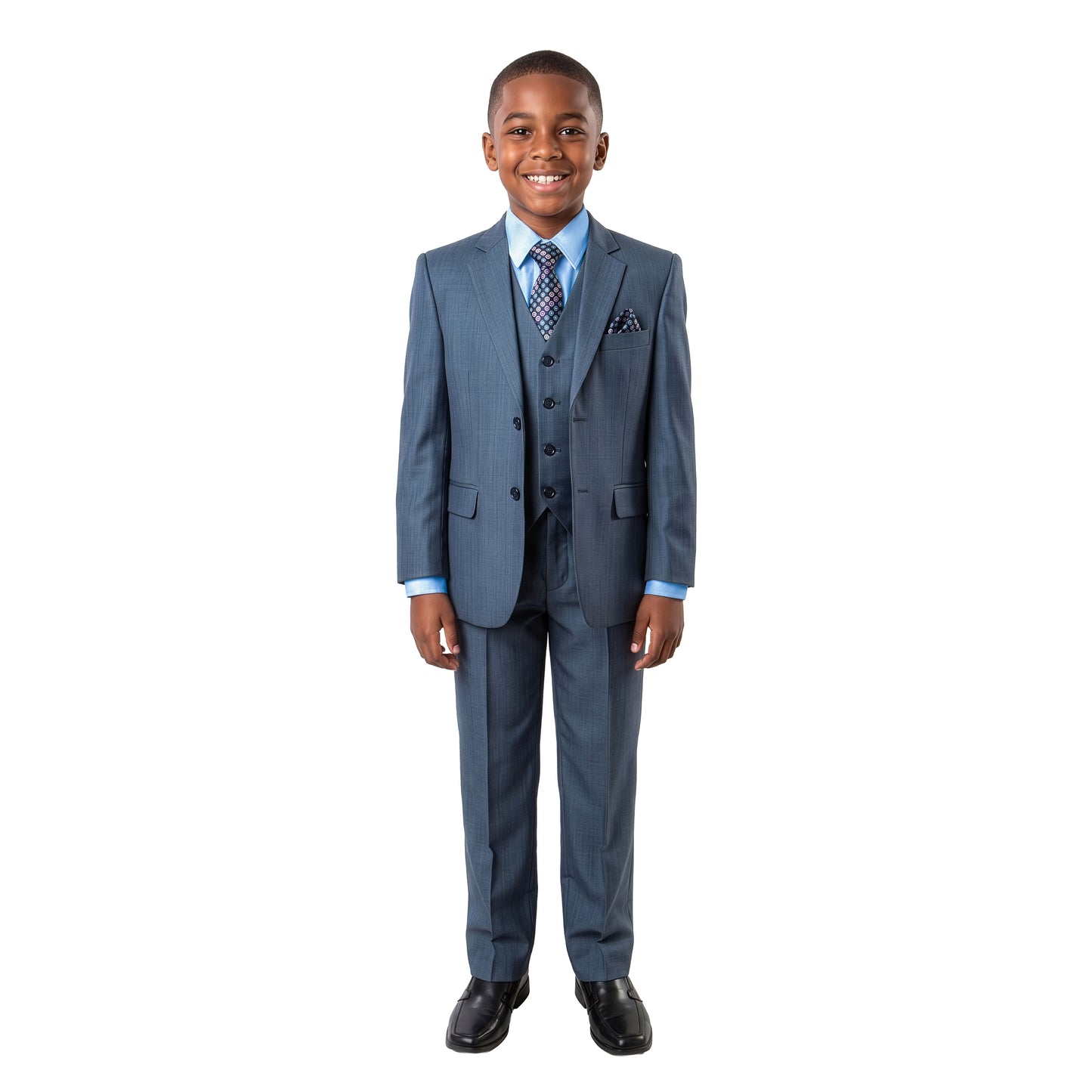 Tazzio Boys Classic Fit 5 Piece Solid Sharkskin Suit Set, Notch Lapel