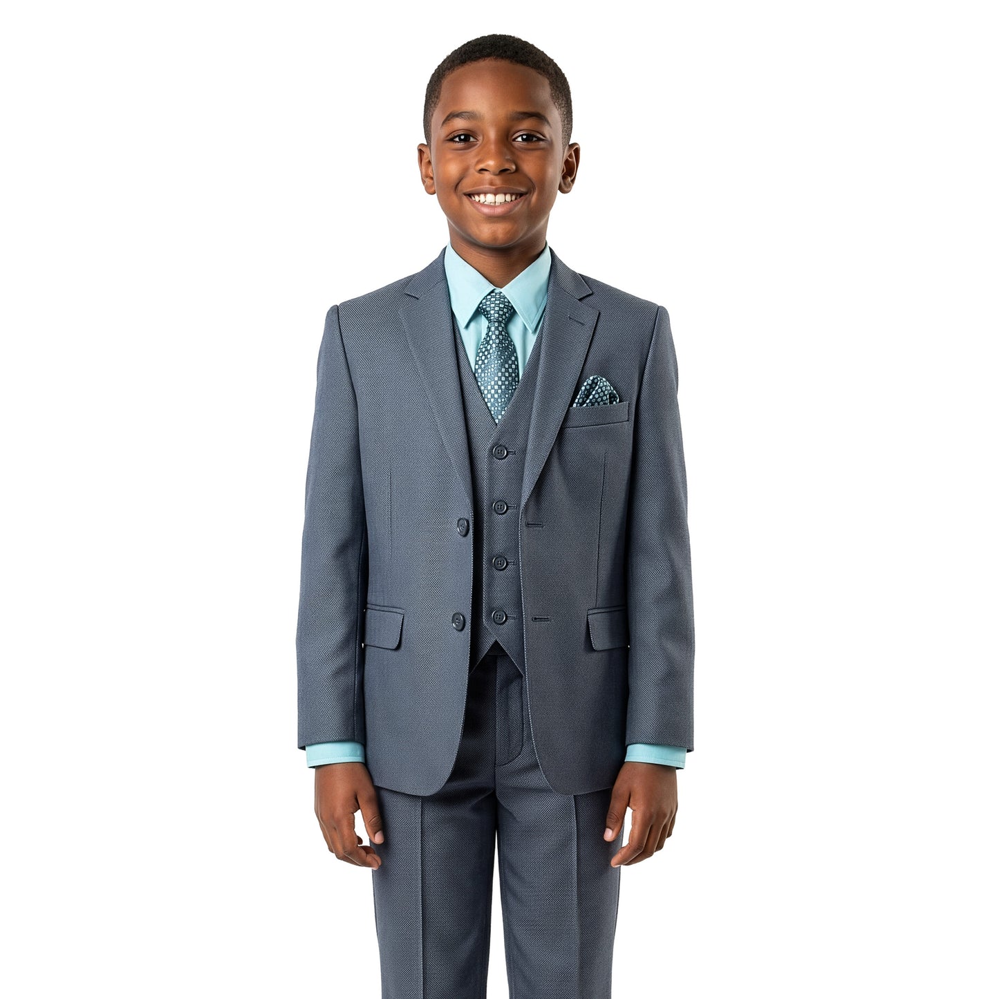 Tazzio Boys Classic Fit 5 Piece Solid Sharkskin Suit Set, Notch Lapel