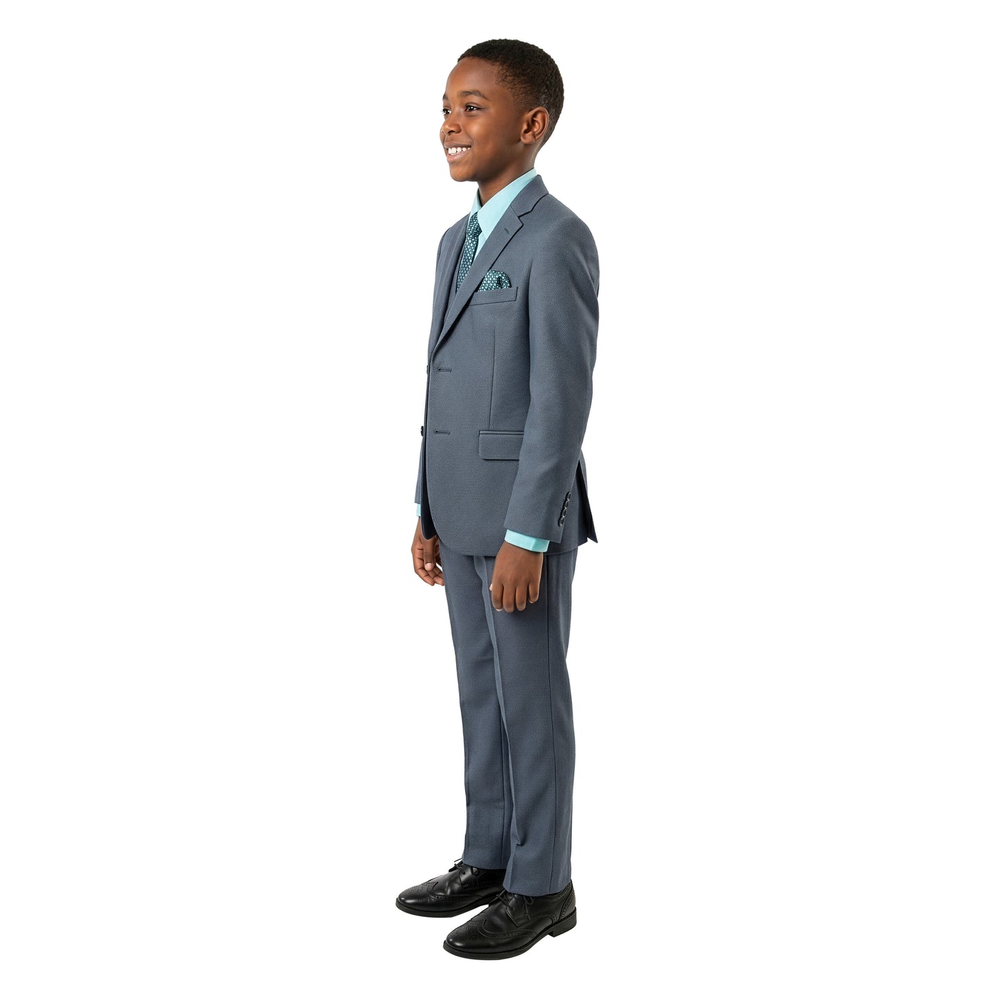 Tazzio Boys Classic Fit 5 Piece Solid Sharkskin Suit Set, Notch Lapel