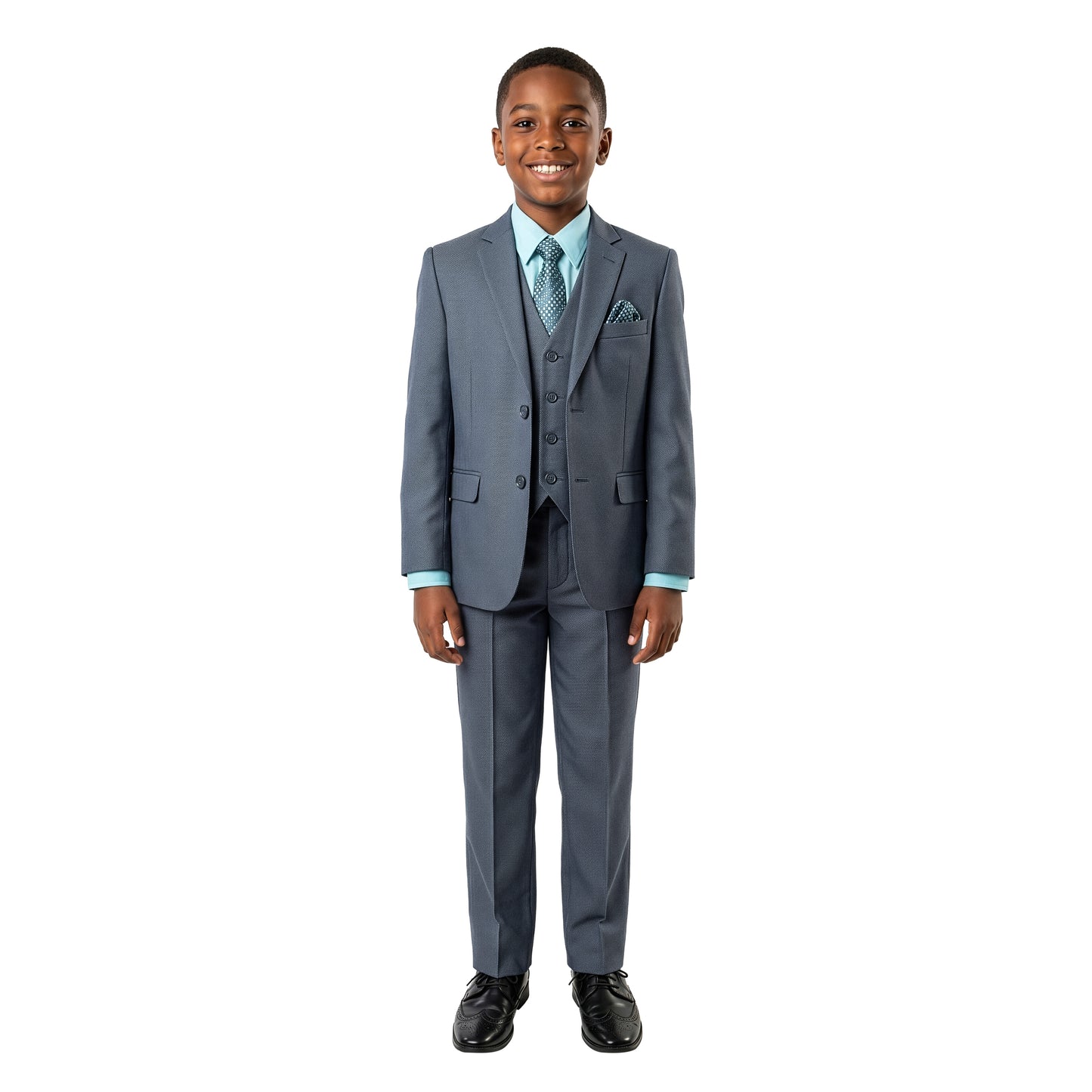 Tazzio Boys Classic Fit 5 Piece Solid Sharkskin Suit Set, Notch Lapel