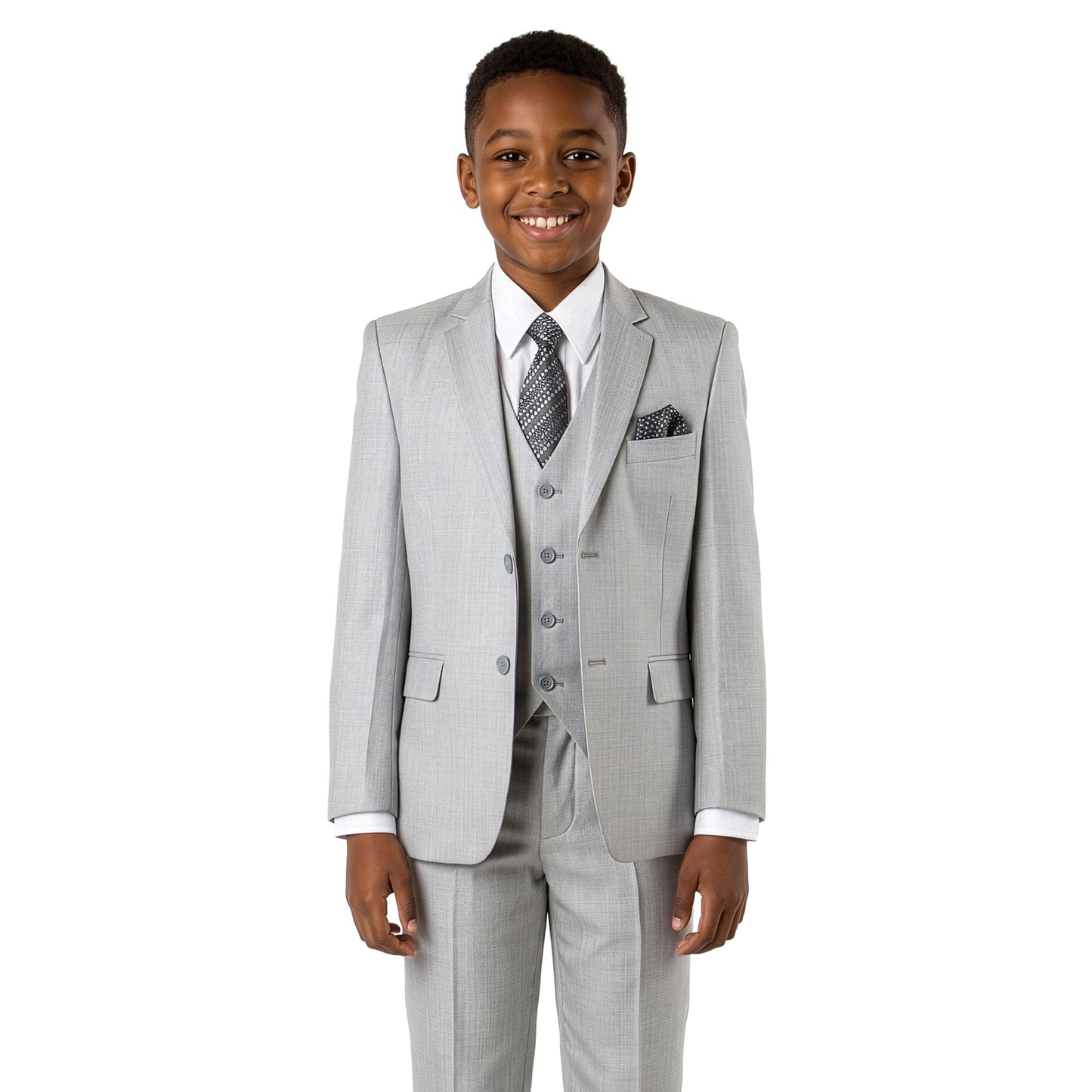 Tazzio Boys Classic Fit 5 Piece Solid Sharkskin Suit Set, Notch Lapel