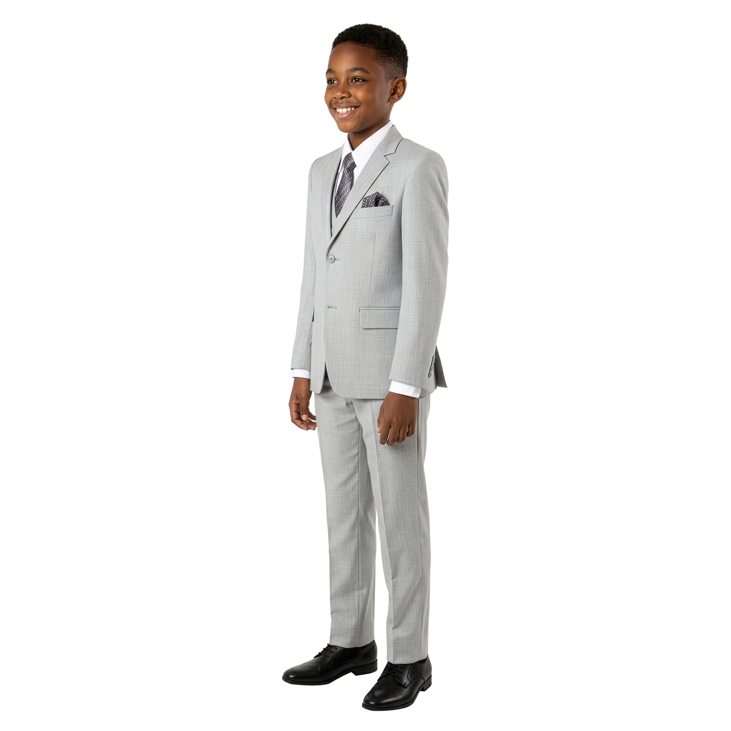 Tazzio Boys Classic Fit 5 Piece Solid Sharkskin Suit Set, Notch Lapel