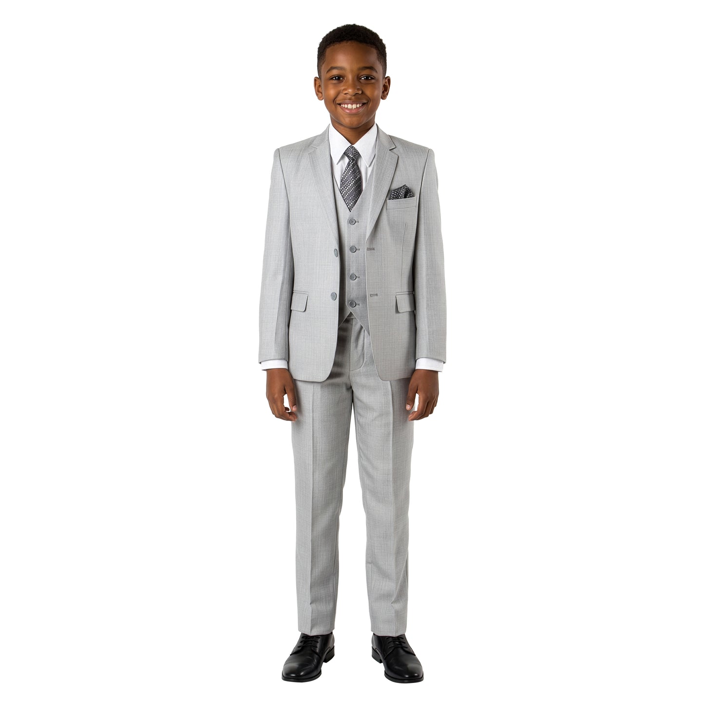 Tazzio Boys Classic Fit 5 Piece Solid Sharkskin Suit Set, Notch Lapel