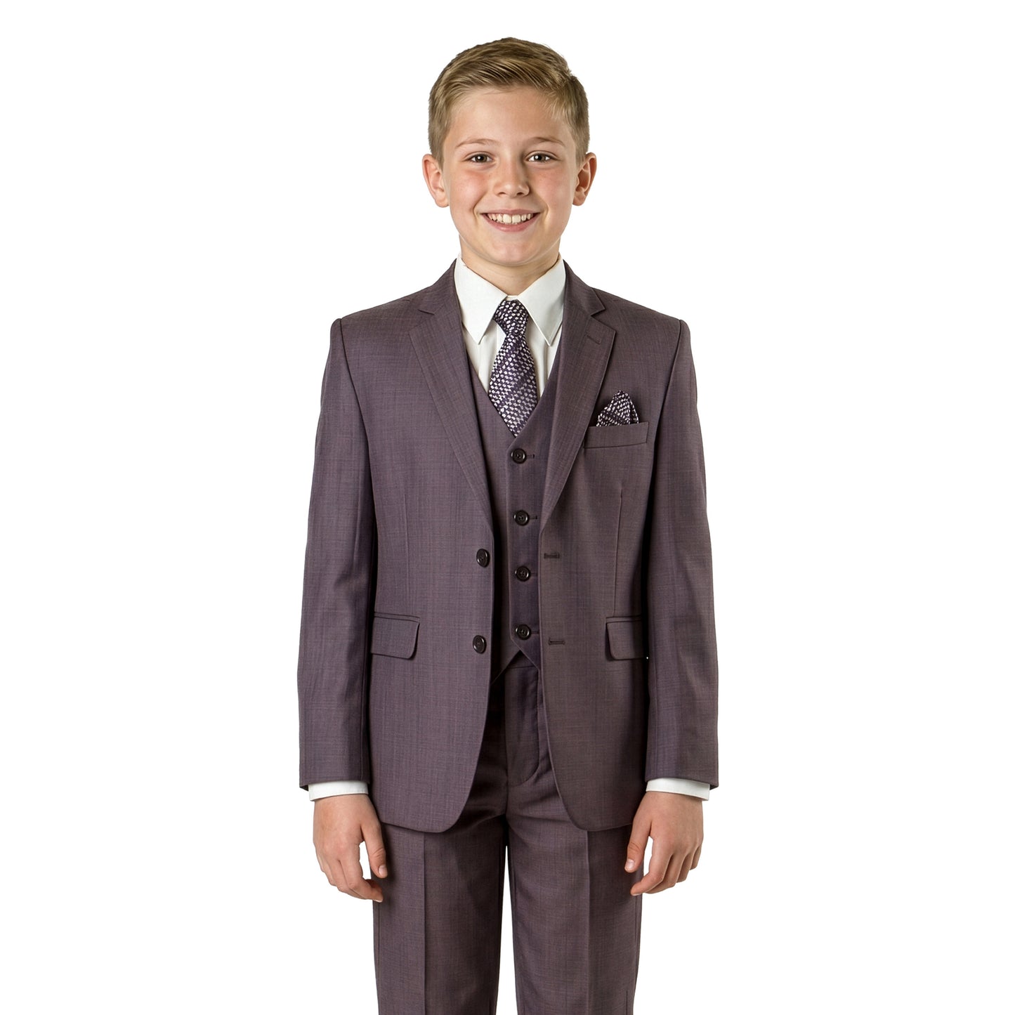 Tazzio Boys Classic Fit 5 Piece Solid Sharkskin Suit Set, Notch Lapel
