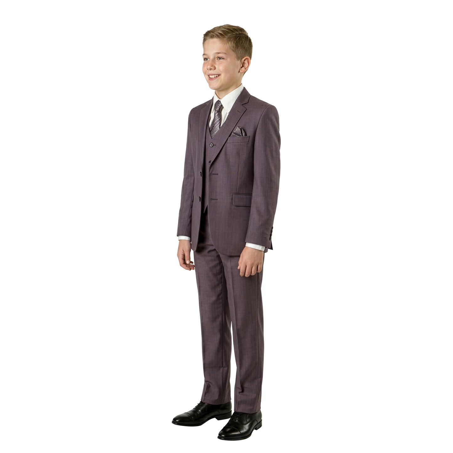 Tazzio Boys Classic Fit 5 Piece Solid Sharkskin Suit Set, Notch Lapel