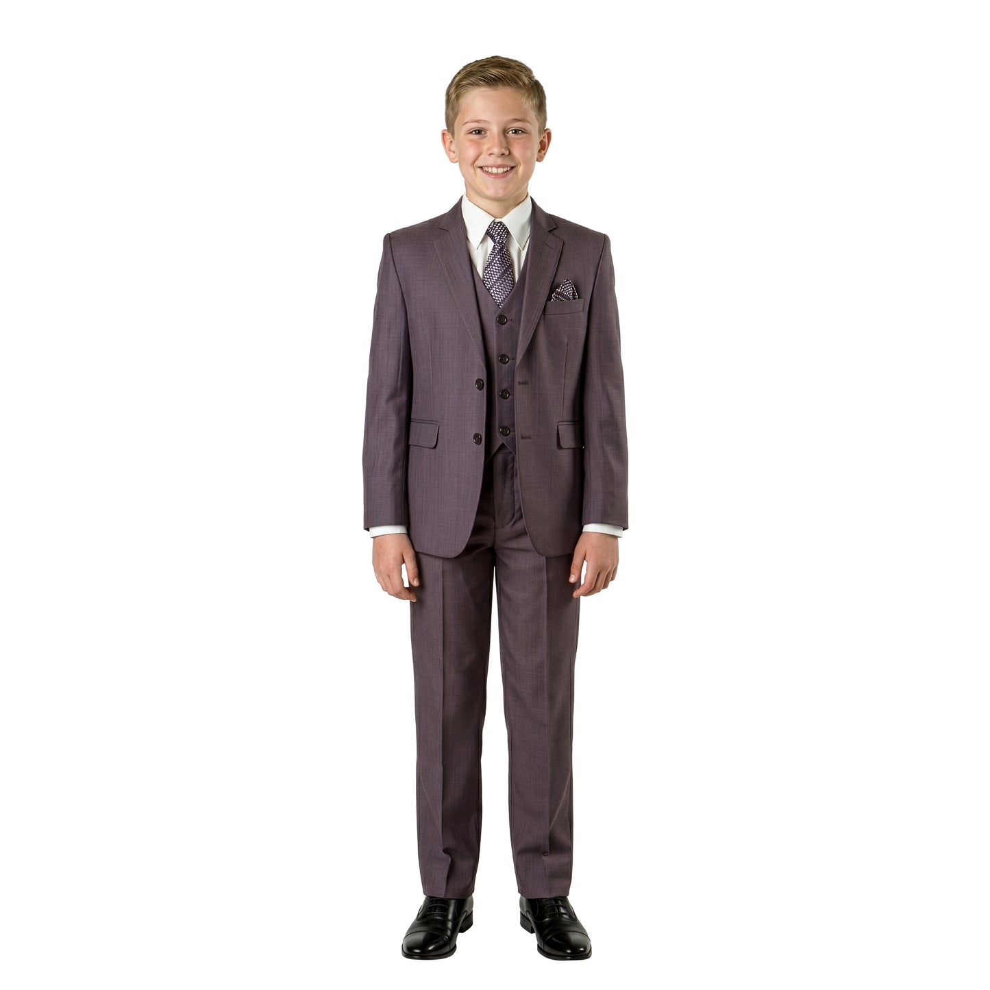 Tazzio Boys Classic Fit 5 Piece Solid Sharkskin Suit Set, Notch Lapel