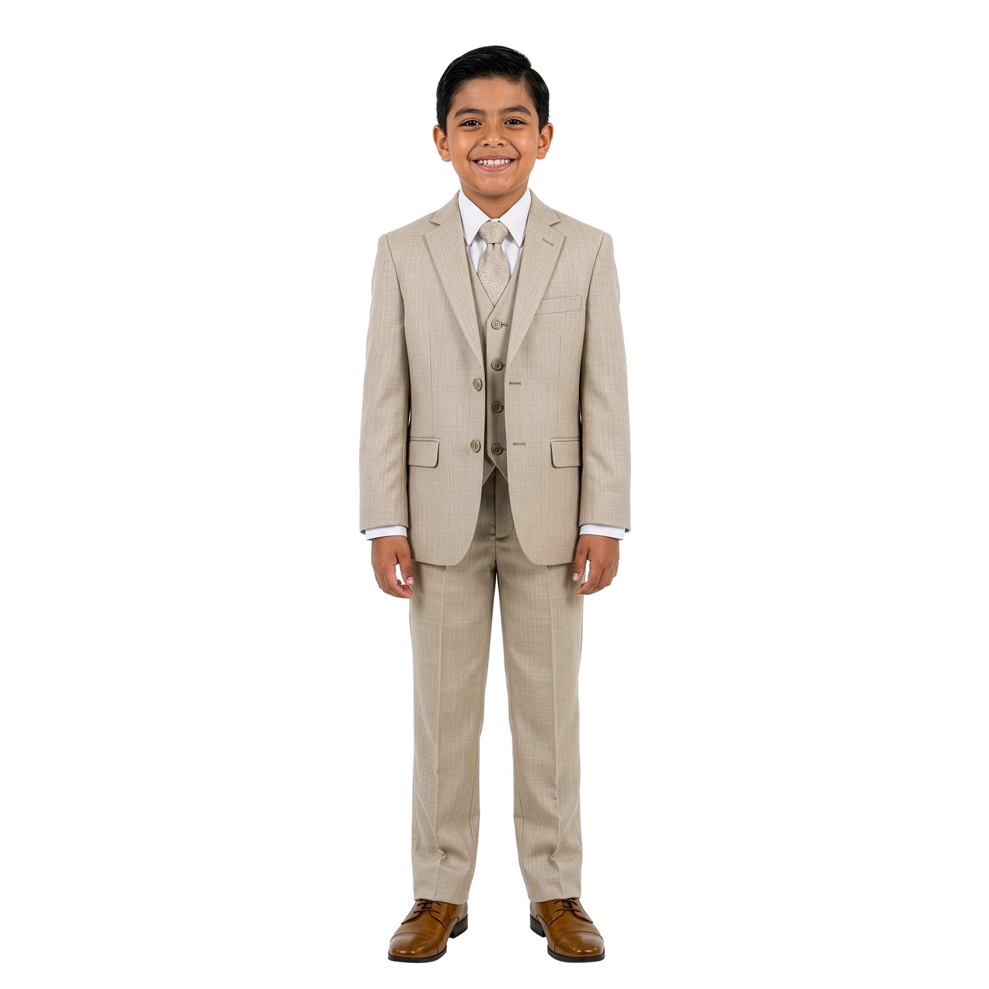 Tazzio Boys Classic Fit 5 Piece Solid Sharkskin Suit Set, Notch Lapel