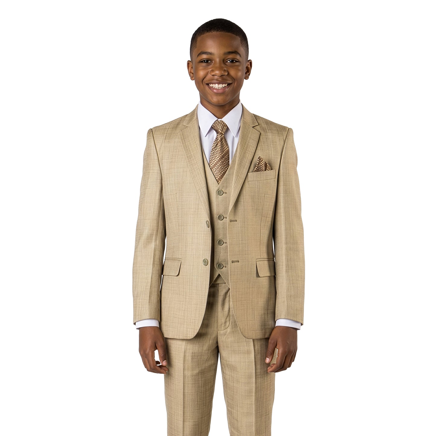 Tazzio Boys Classic Fit 5 Piece Solid Sharkskin Suit Set, Notch Lapel