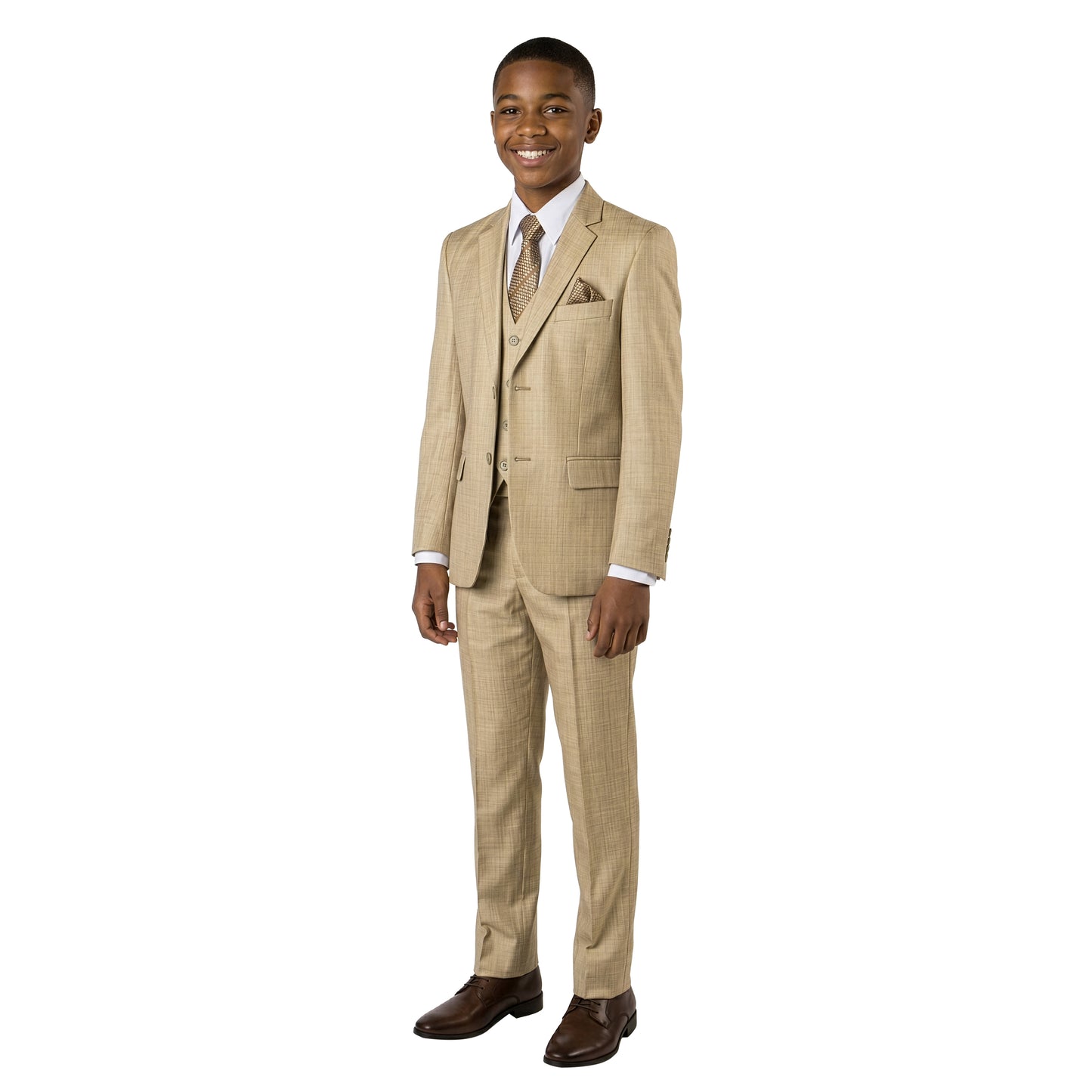 Tazzio Boys Classic Fit 5 Piece Solid Sharkskin Suit Set, Notch Lapel