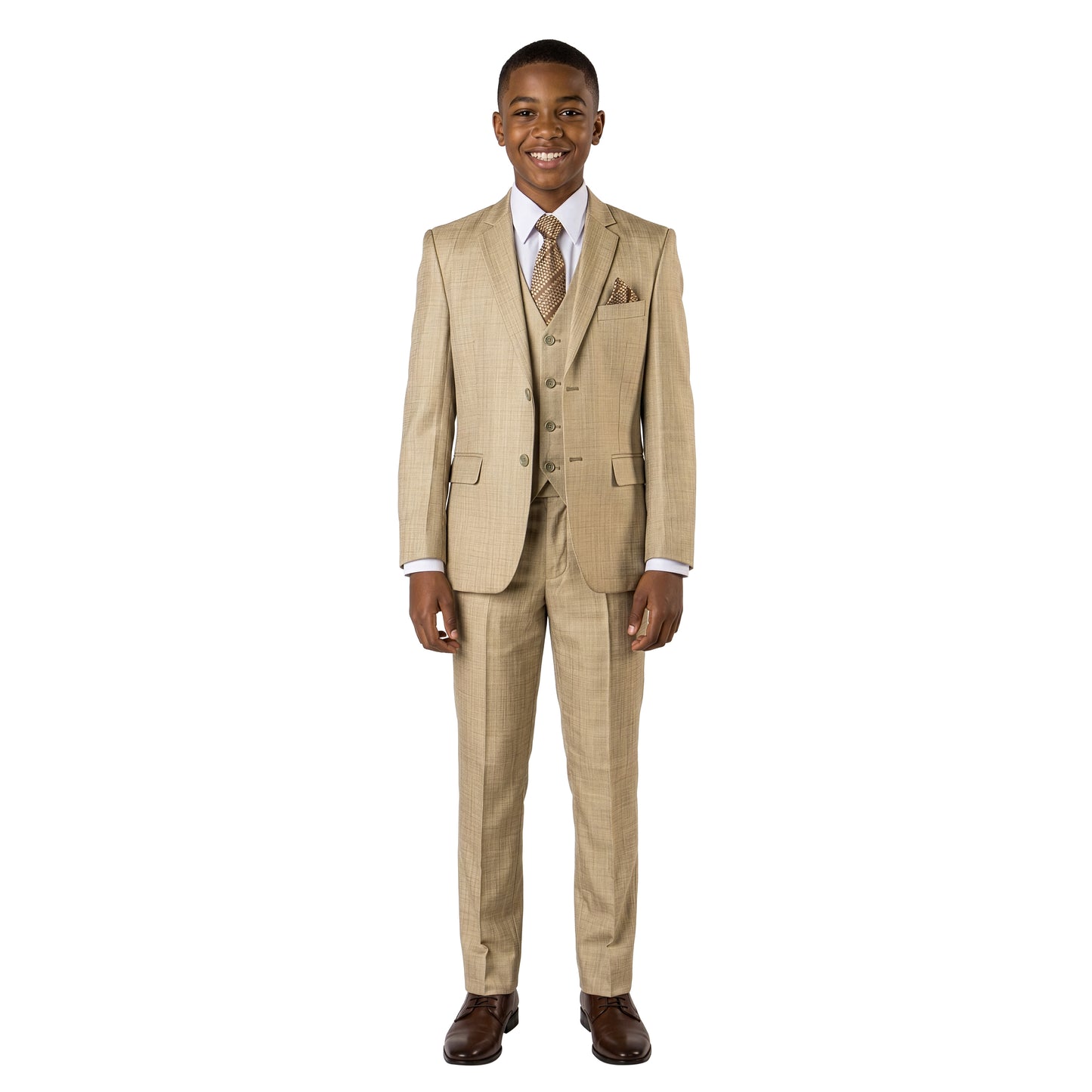 Tazzio Boys Classic Fit 5 Piece Solid Sharkskin Suit Set, Notch Lapel
