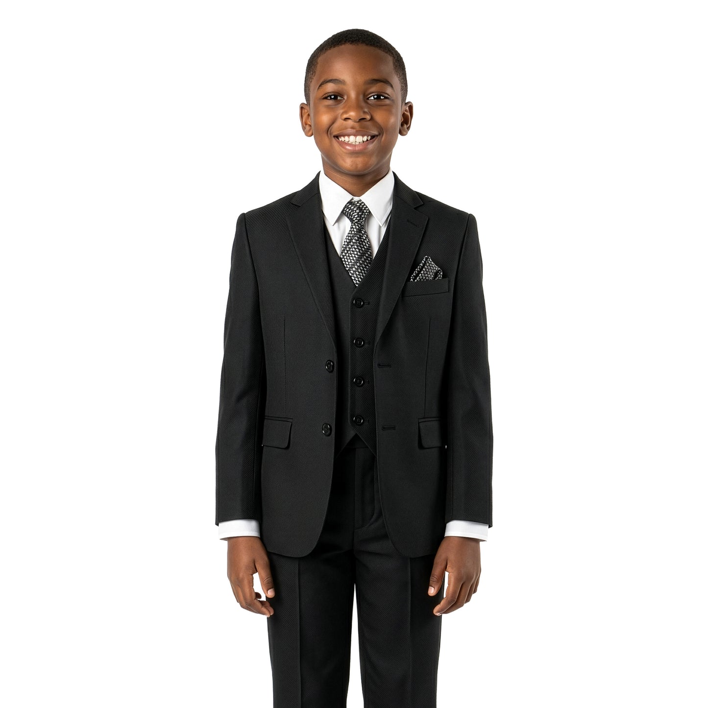 Tazzio Boys Classic Fit 5 Piece Solid Sharkskin Suit Set, Notch Lapel