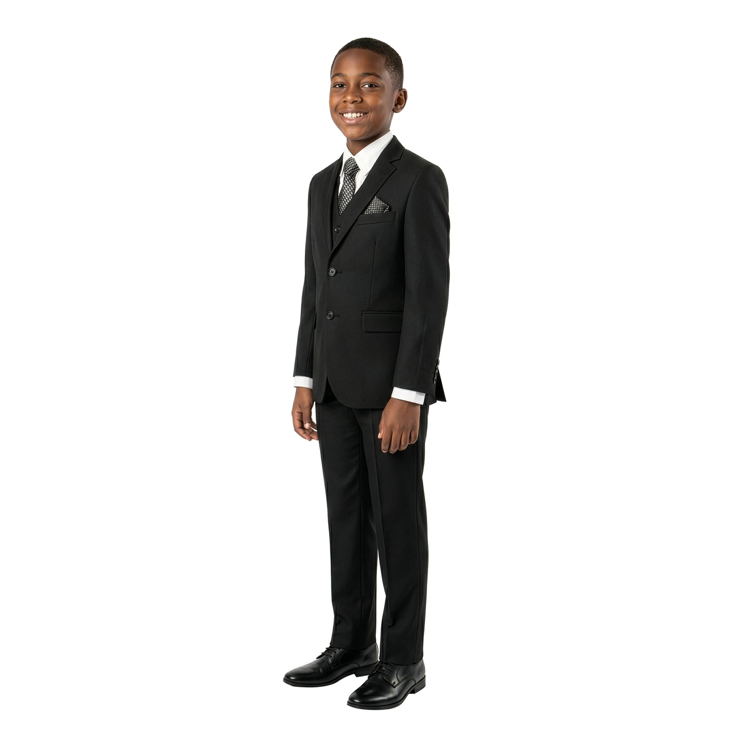 Tazzio Boys Classic Fit 5 Piece Solid Sharkskin Suit Set, Notch Lapel