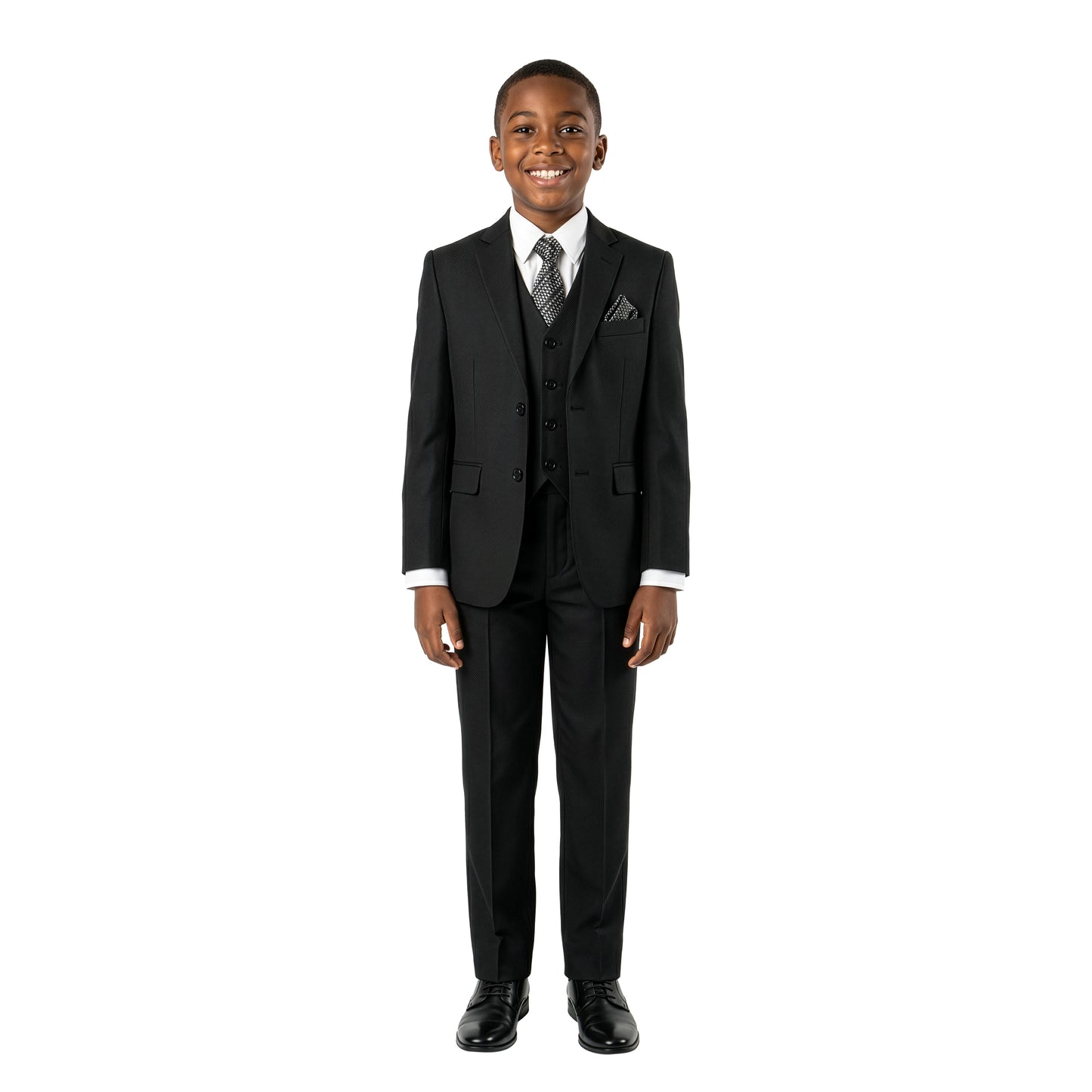 Tazzio Boys Classic Fit 5 Piece Solid Sharkskin Suit Set, Notch Lapel