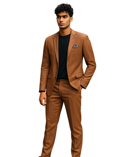 Slim Fit 2pc Solid Suit Set w/ Notch Lapel, Caramel