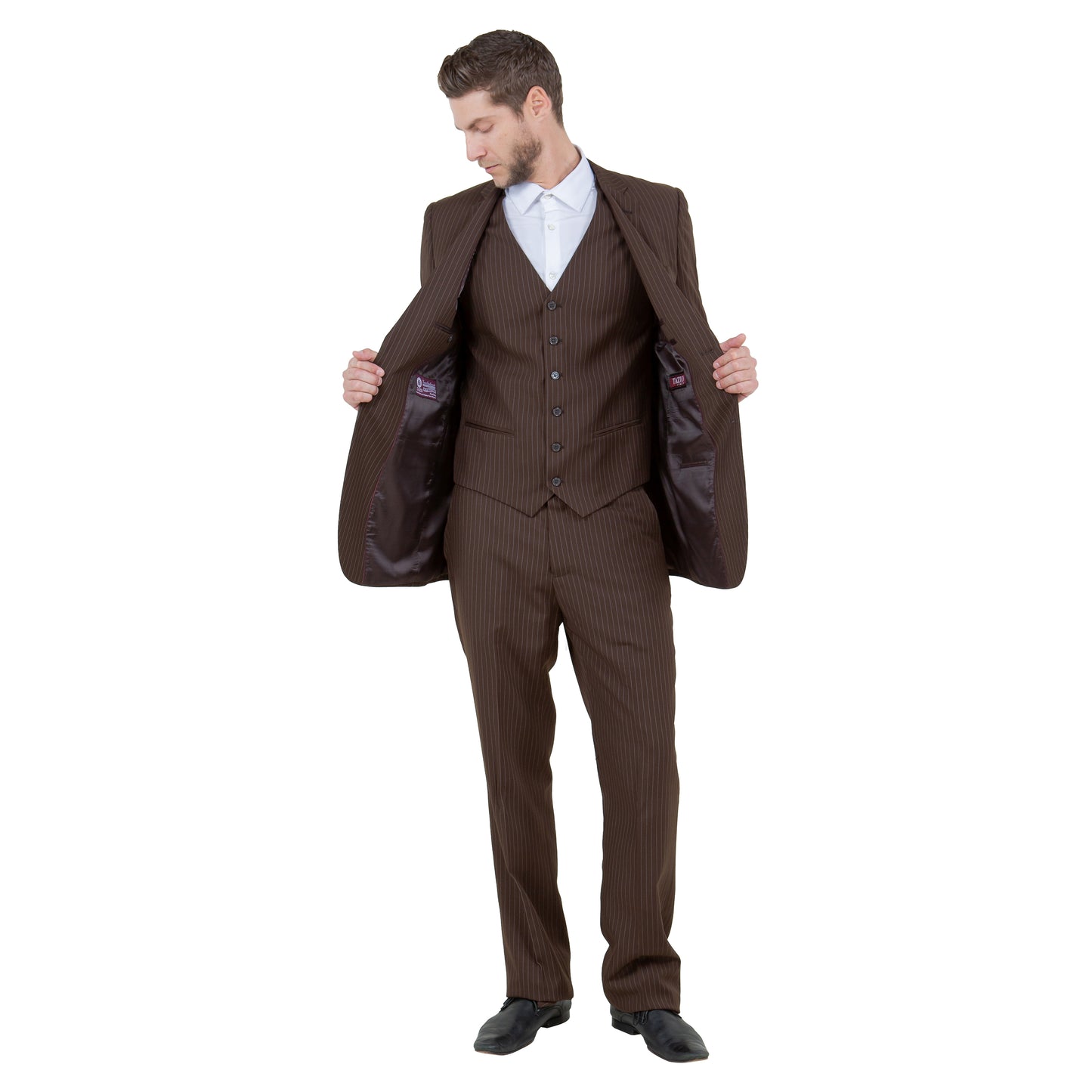 Tazzio Modern-Fit Notch Lapel Pinstriped 3pc Suit Set, Brown