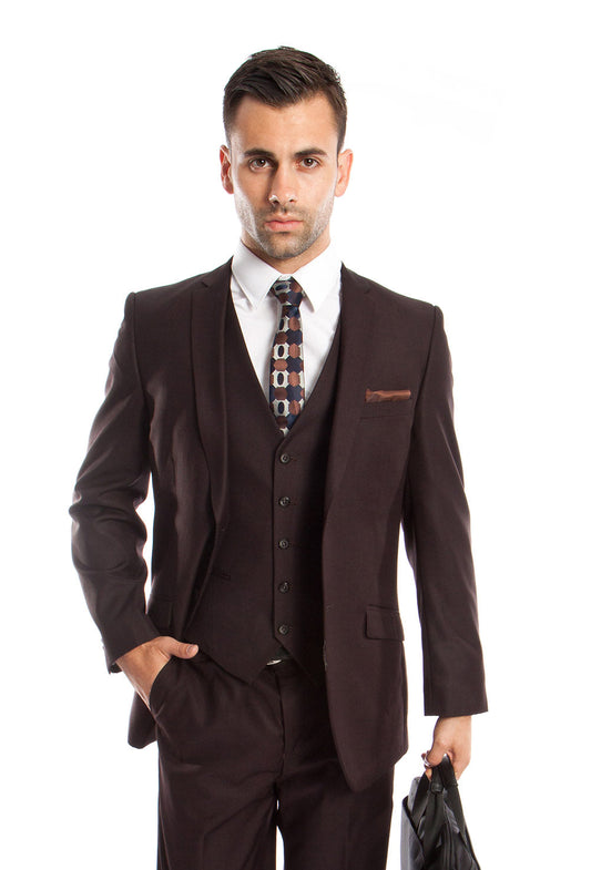 Tazzio Men's Slim-Fit 3pc Suit Set w/ Notch Lapel, Brown