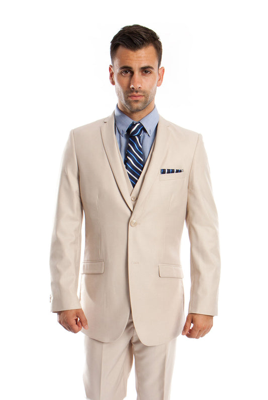 Tazzio Men's Slim-Fit 3pc Suit Set w/ Notch Lapel, Tan