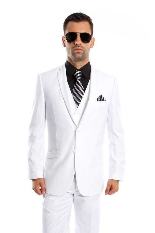 Tazzio Men's Slim-Fit 3pc Suit Set w/ Notch Lapel, White