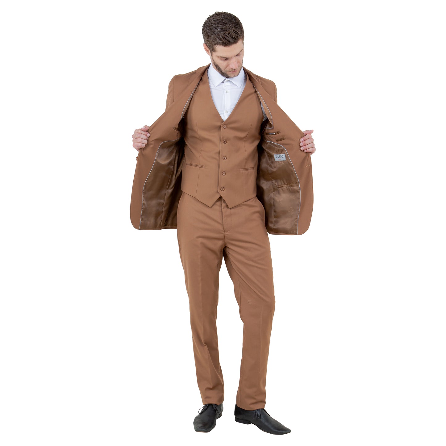Tazzio Men's Slim-Fit 3pc Suit Set w/ Notch Lapel, Caramel