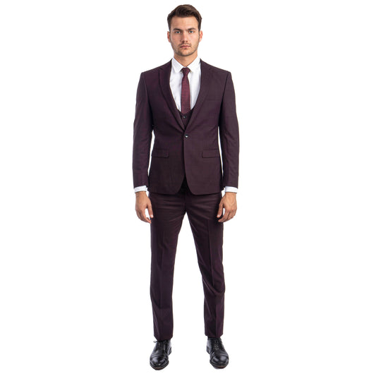 Tazzio Men's Ultra Slim-Fit 3-Piece Glen Check Suit, Burgundy